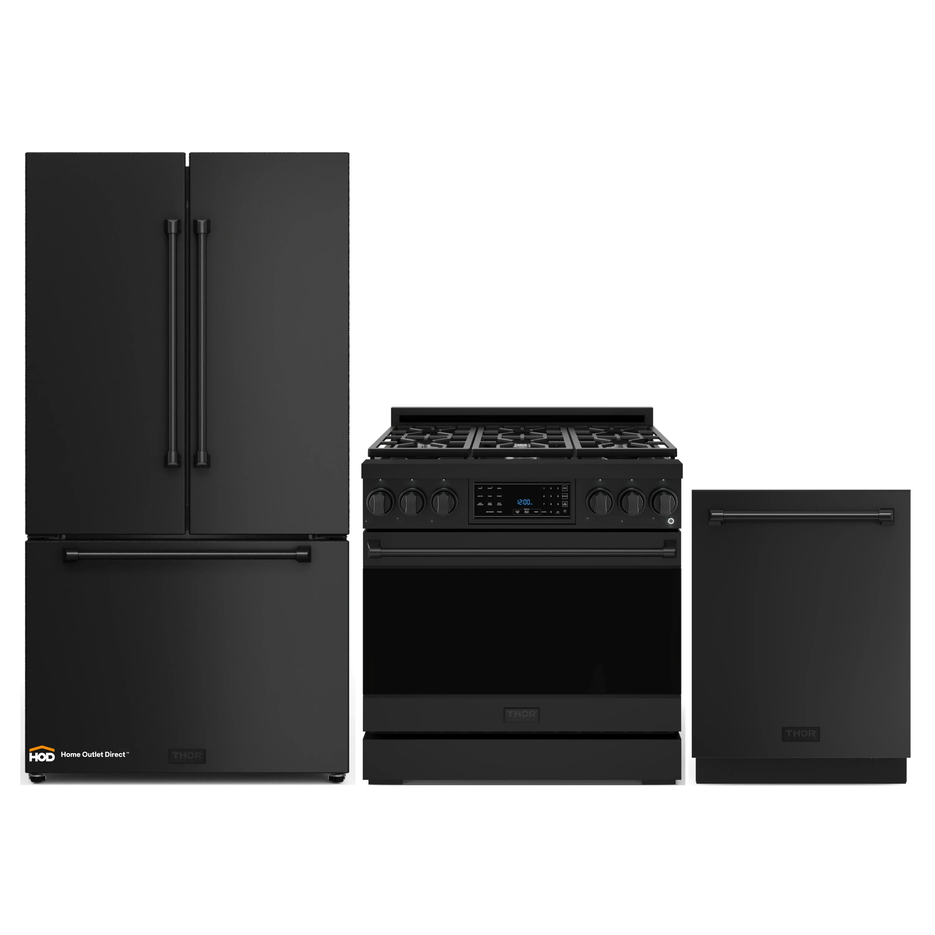 Gordon Ramsay by Thor Kitchen 3-Piece Appliance Package - 36-Inch Gas Range with Tilt Panel, 36-Inch Refrigerator, and Dishwasher in Black