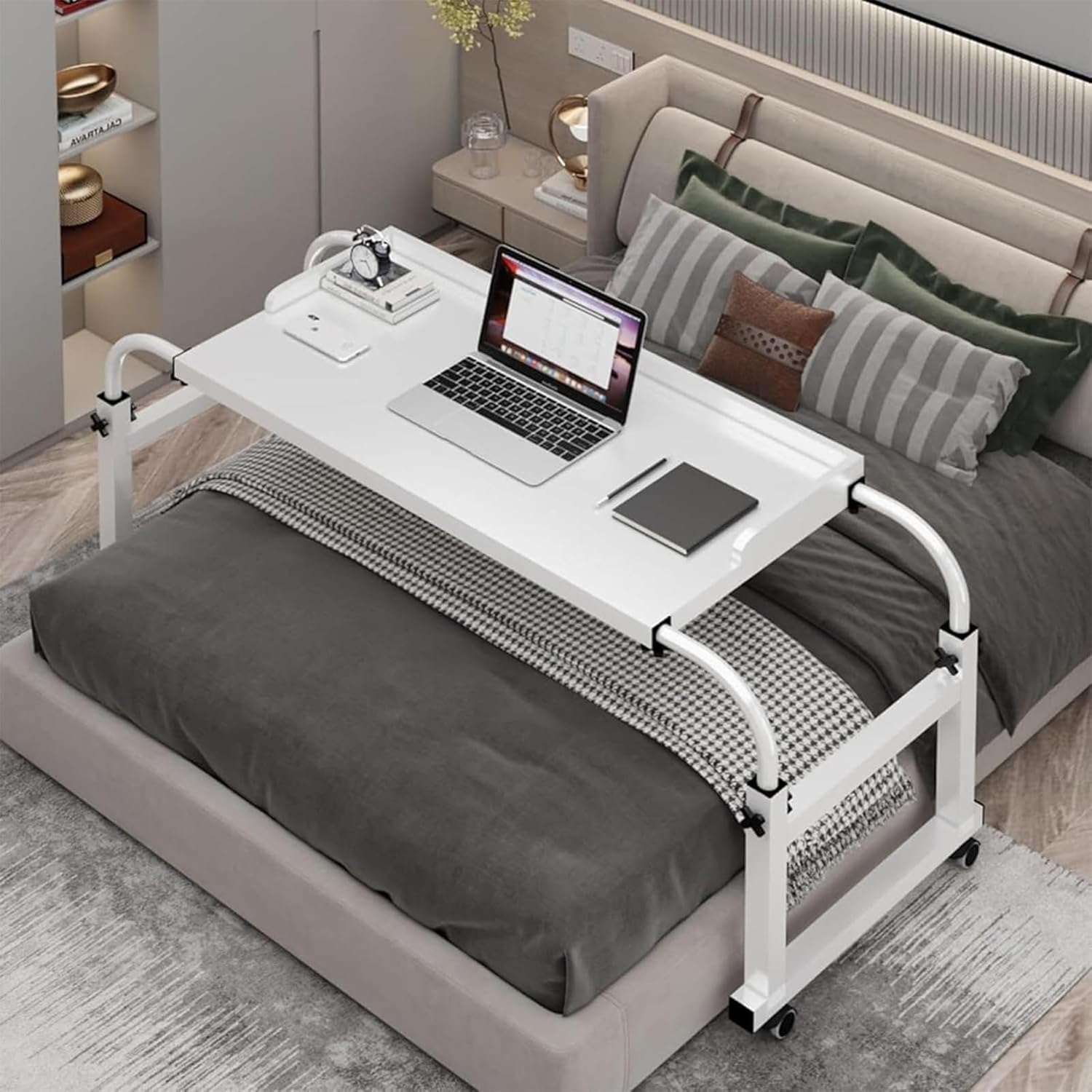 Overbed Table with 4 Wheels, Over Bed Desk Height Adjustable 65-95cm Rolling Medical Table Overbed Table Computer Workstation Overbed Table for Twin/Full/Queen/King Size Bed Frame