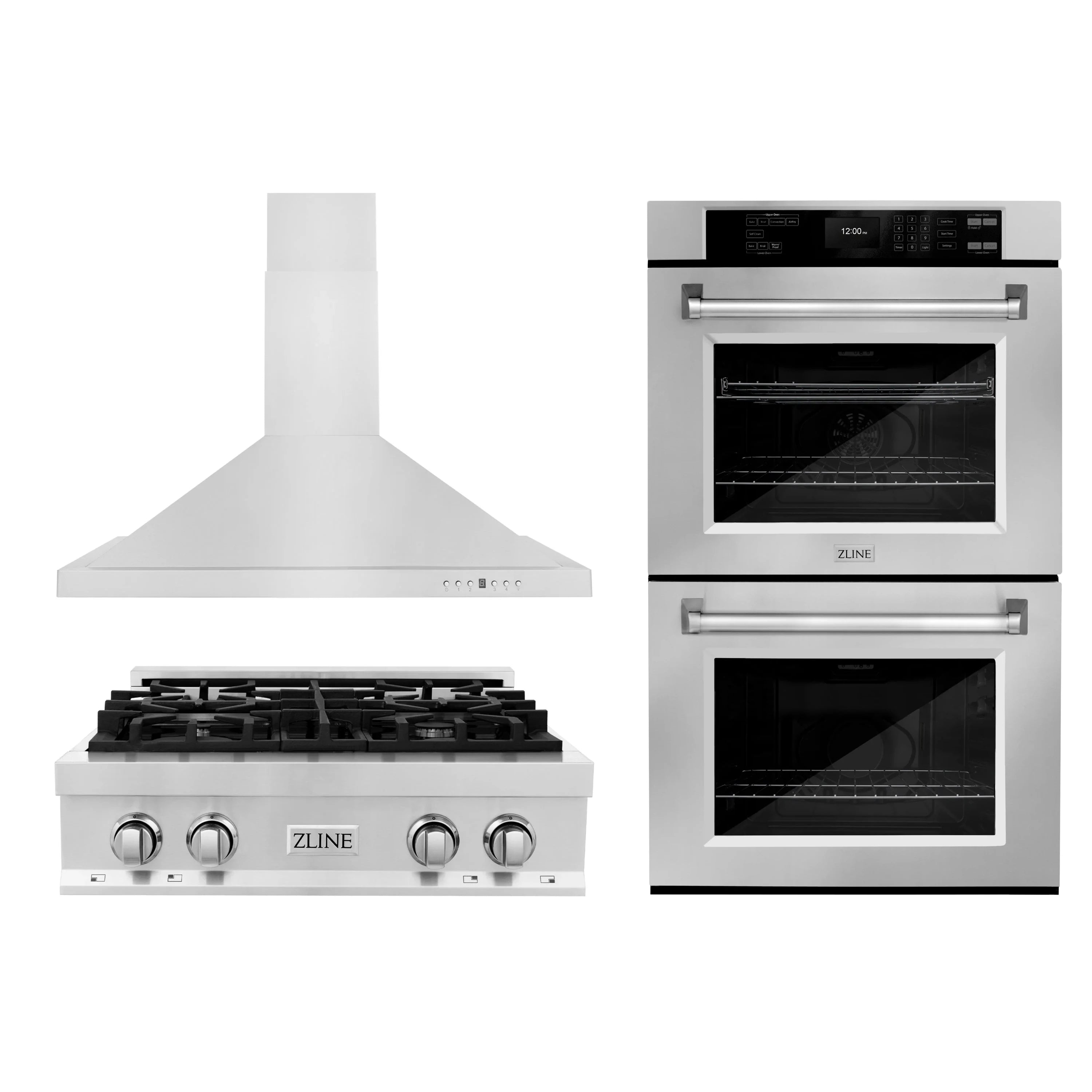 ZLINE 3-Piece Appliance Package - 30-Inch Rangetop, Convertible Wall Mount Range Hood, and Double Wall Oven in Stainless Steel (3KP-RTRH30-AWD)