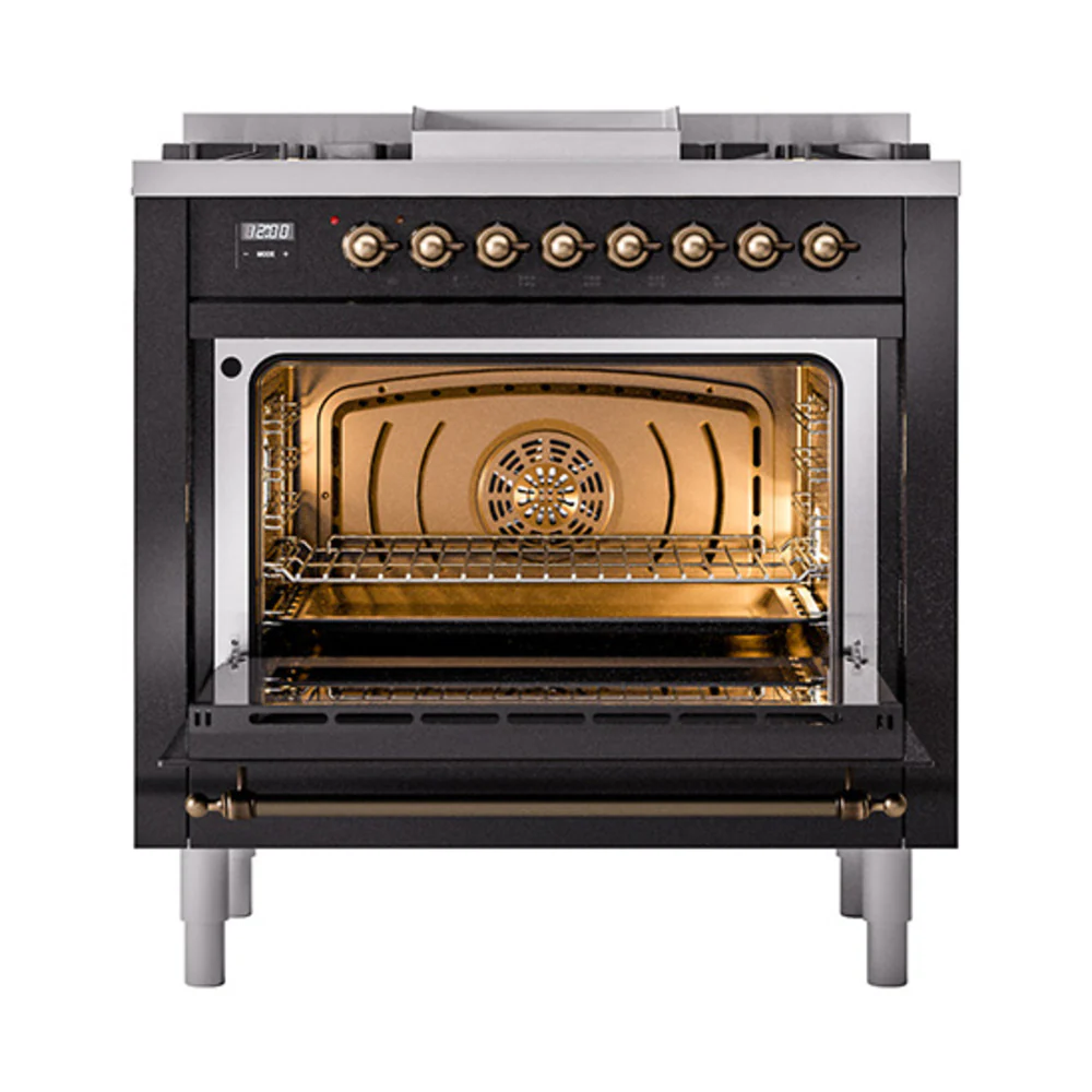 ILVE 36-Inch Nostalgie II Dual Fuel Range with 6 Burners and Solid Door Oven in Glossy Black with Bronze Trim (UP36FQNMPBKB)