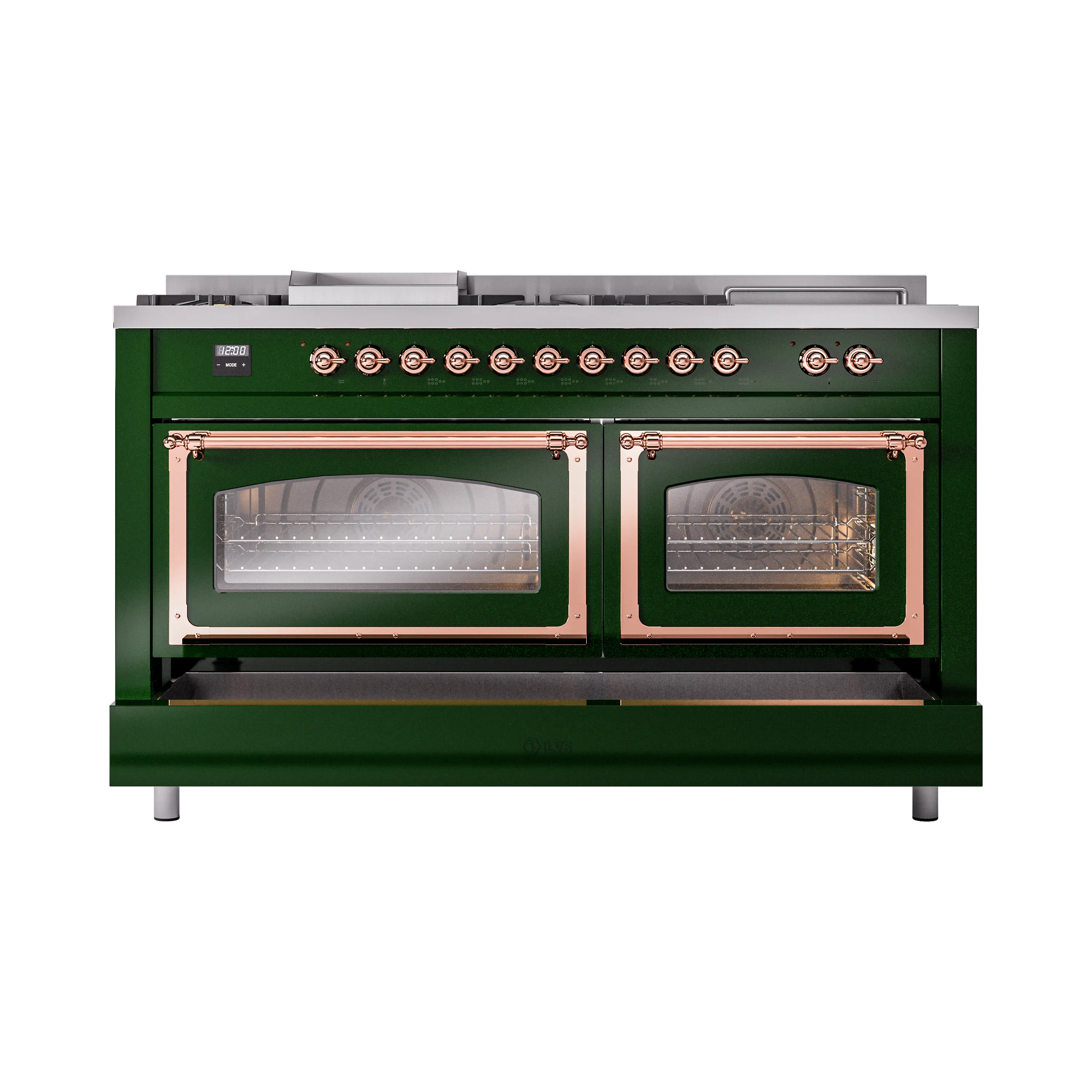 ILVE 60-Inch Nostalgie II Noblesse Dual Fuel Range with 7 Sealed Burners, Griddle, French Top, and Triple Glass Door Oven in Emerald Green with Copper Trim (UN60FSNMPEGP)