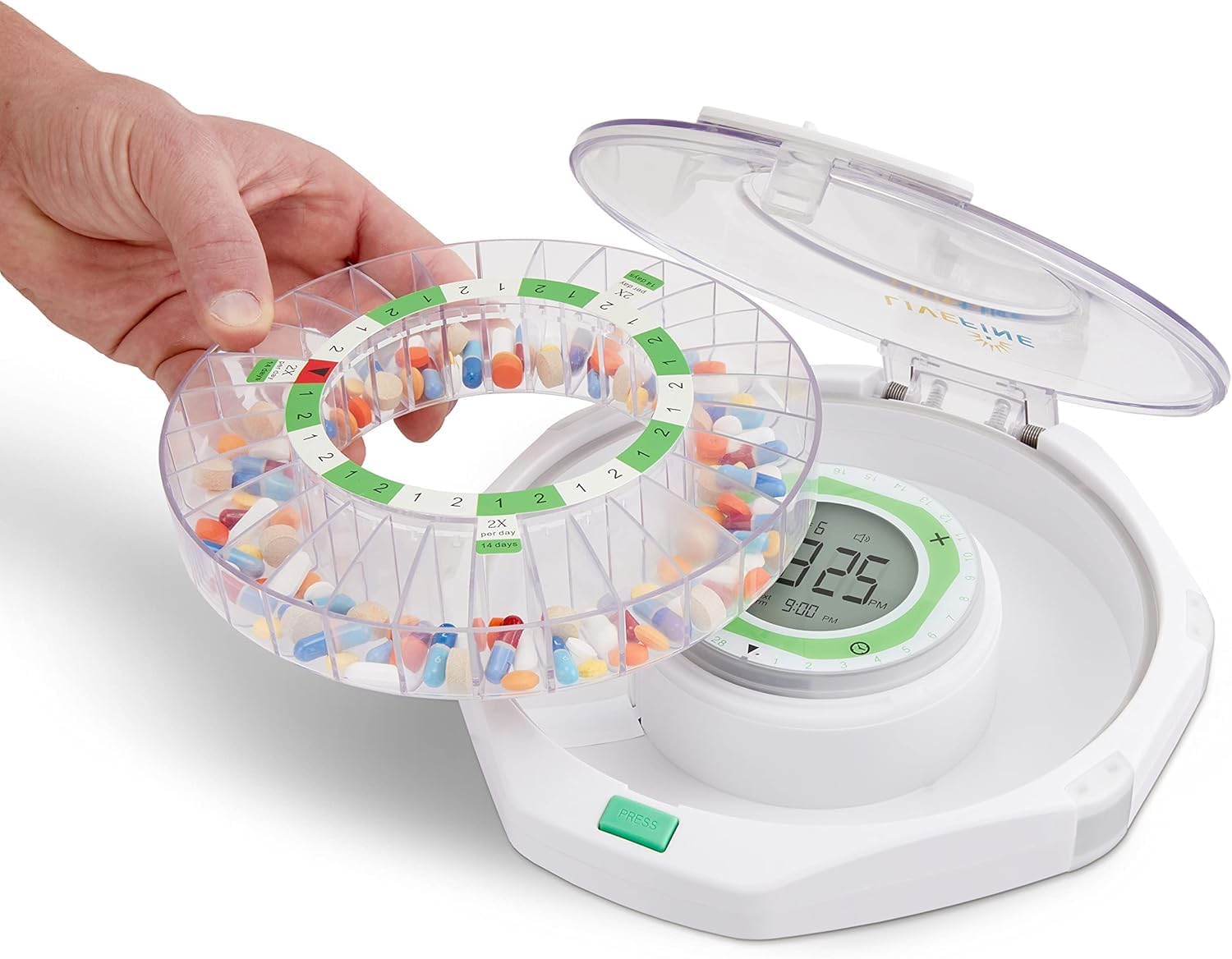 Live Fine 28-Day Automatic Pill Dispenser Clear Lid with Upgraded LCD Display and Key Lock, Sound & Light for Prescriptions, Medication, Vitamins, Supplements & More