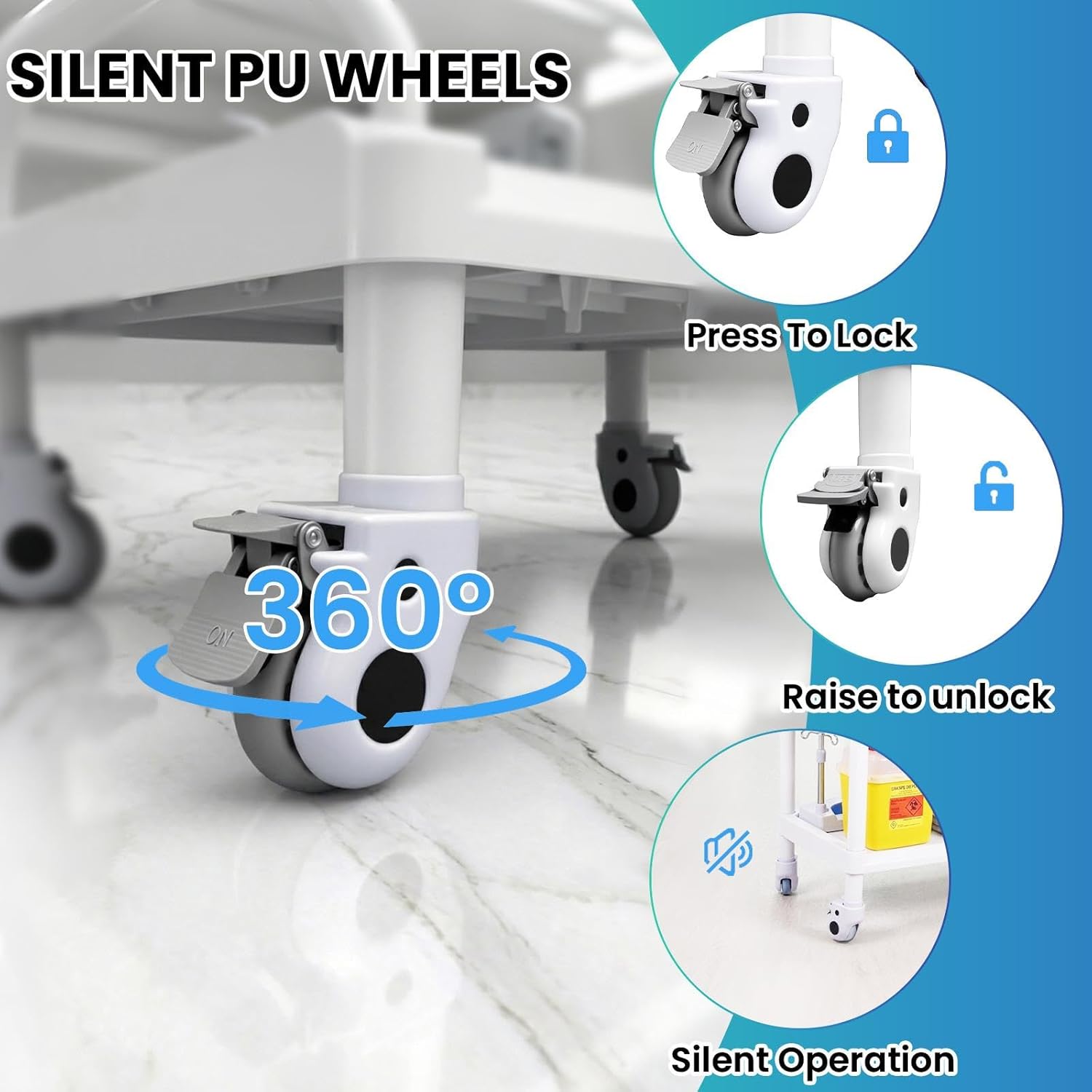 360° Rotate Medical Mobile Trolley Cart with 2 Drawers & 3 Trash Cans, Salon Trolley Cart with 4 Silent Wheels, 440 LBS Max Load White Utility Cart for Hospital Dental Clinic Home