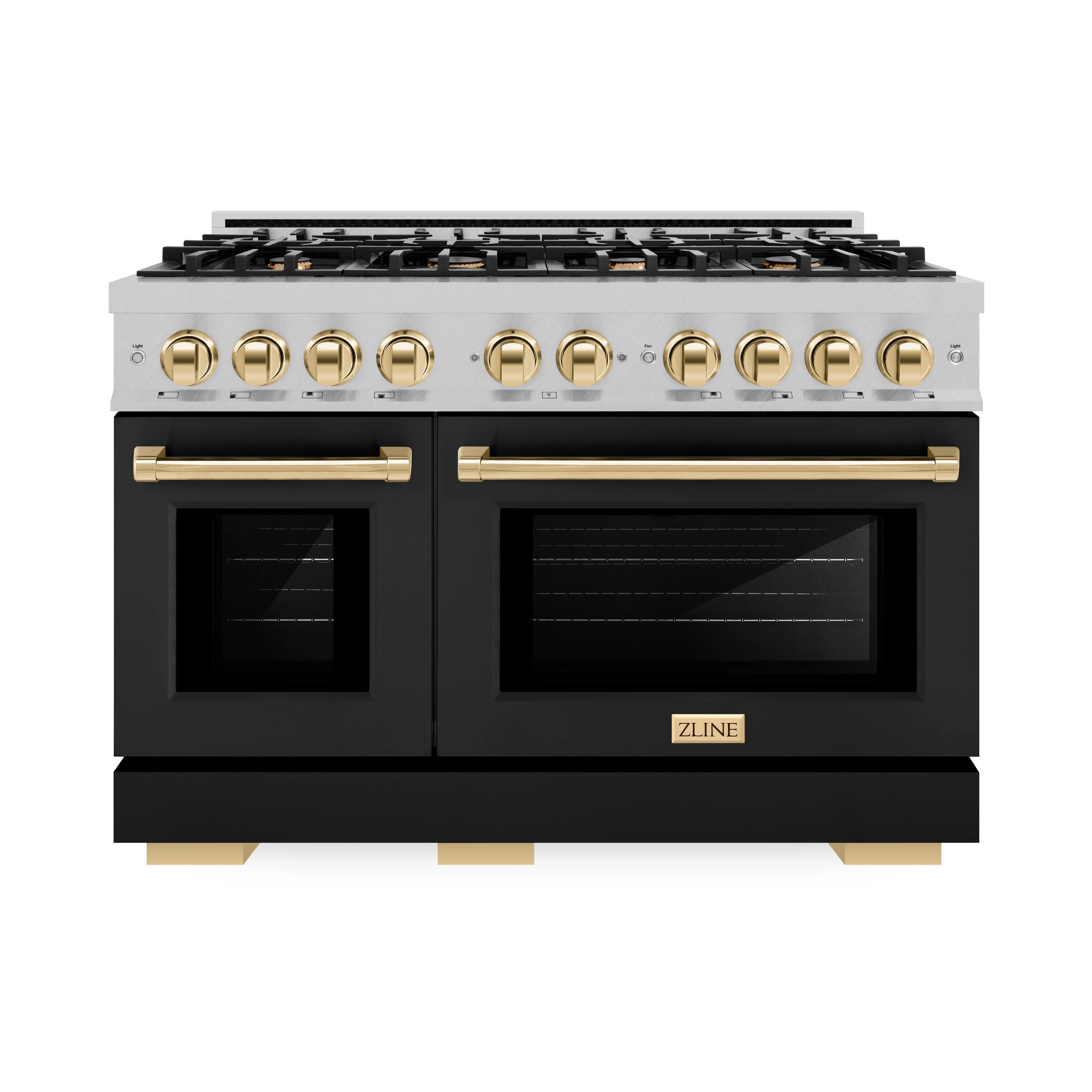 ZLINE Autograph Edition 48-Inch Select Series Gas Range with 8 Gas Burner Cooktop and 6.7 Cu. Ft. Gas Convection Oven in Satin Stainless Steel with Black Matte Doors and Polished Gold Accents (HGRSZ-BLM-48-G)