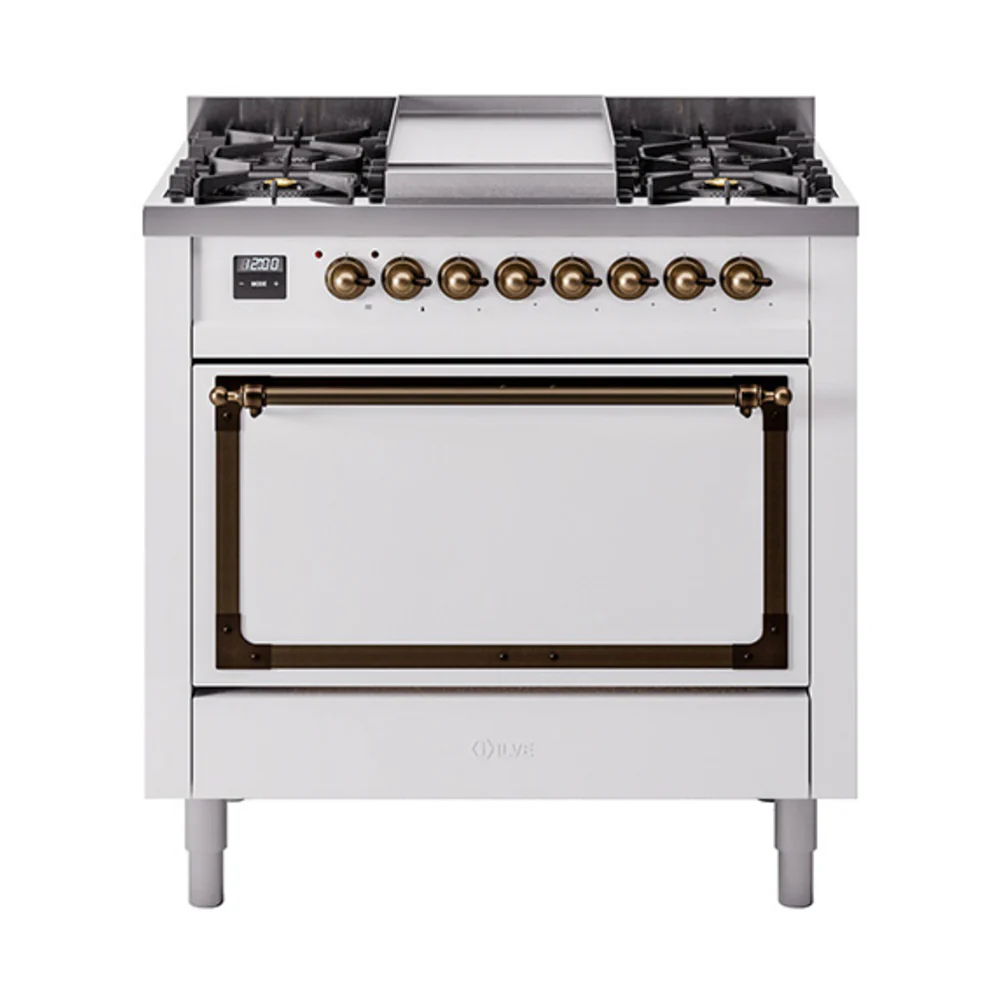 ILVE Nostalgie II Noblesse 36-Inch Dual Fuel Range and Solid Door Oven in White with Bronze Trim (UN36FQNMPWHB)