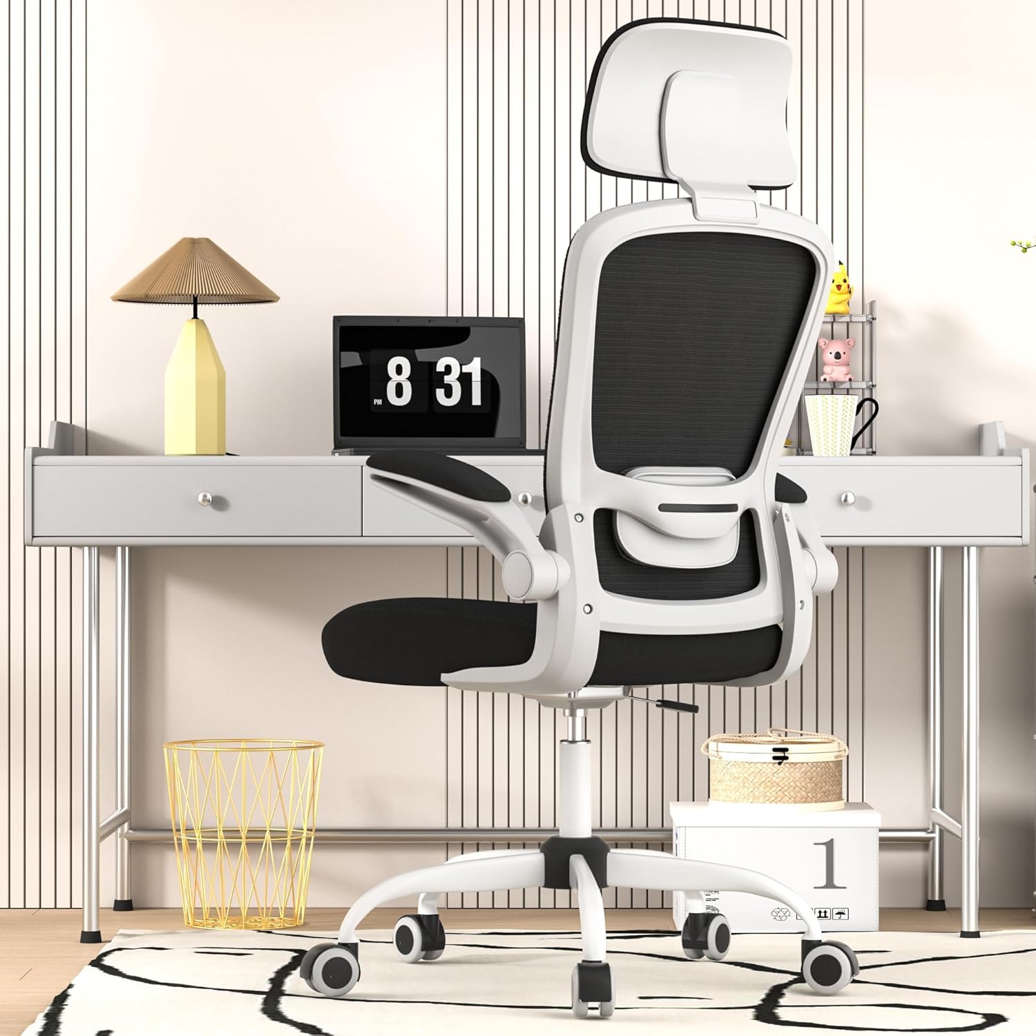 Ergonomic Mesh Office Chair for Long Hours & Back Pain Relief – Adjustable Lumbar Support & Headrest, High-Density Foam Cushion, Flip-Up Armrests, Perfect for Work & Study (White)