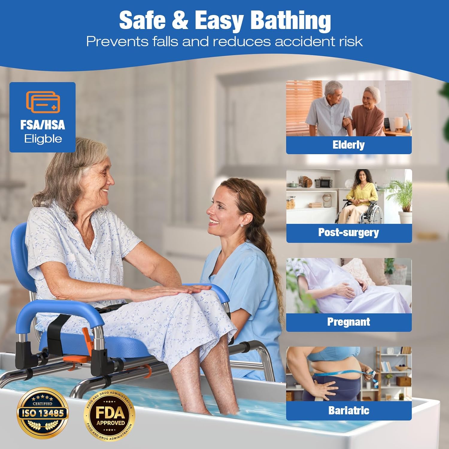 Sliding Shower Chair with Wide 360° Swivel Seat, 450lbs Tub Transfer Bench for Bathtub, Adjustable Height and Arms Width Shower Seat for Inside Shower, Shower Chair for Elderly and Disabled