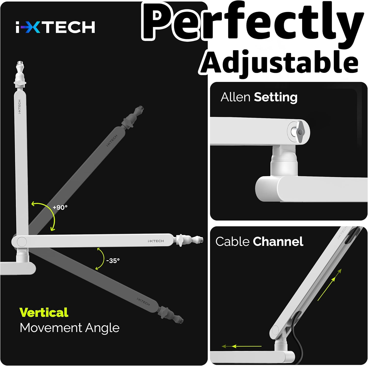 IXTECH White Microphone Boom Arm Stand Low Profile Boom Arm Adjustable Mic Stand with Built In Cable Management 360° Swivel Mic Arm.