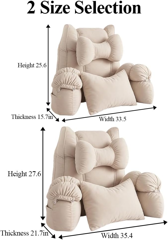 Backrest Reading Bed Rest Pillow with Arms - Removable Washable Cover, Back Support Wedge Cushion for Neck & Lumbar, Headboard Pillow for Bed Sitting Up, Floor Pillow (Khaki02, Medium)