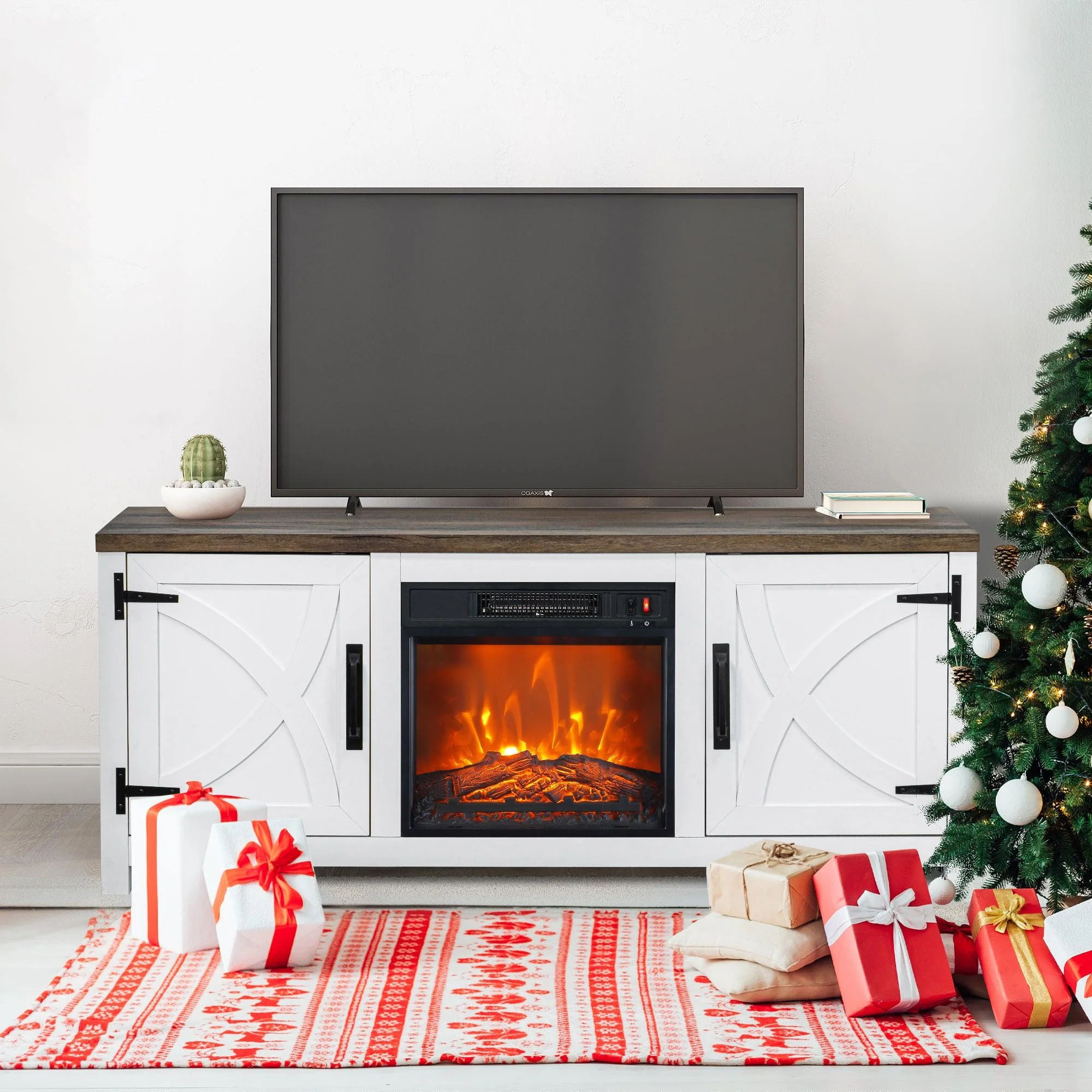 Parrot Uncle 58-Inch Farmhouse TV Stand with 18-Inch Insert Electric Fireplace for Living Room