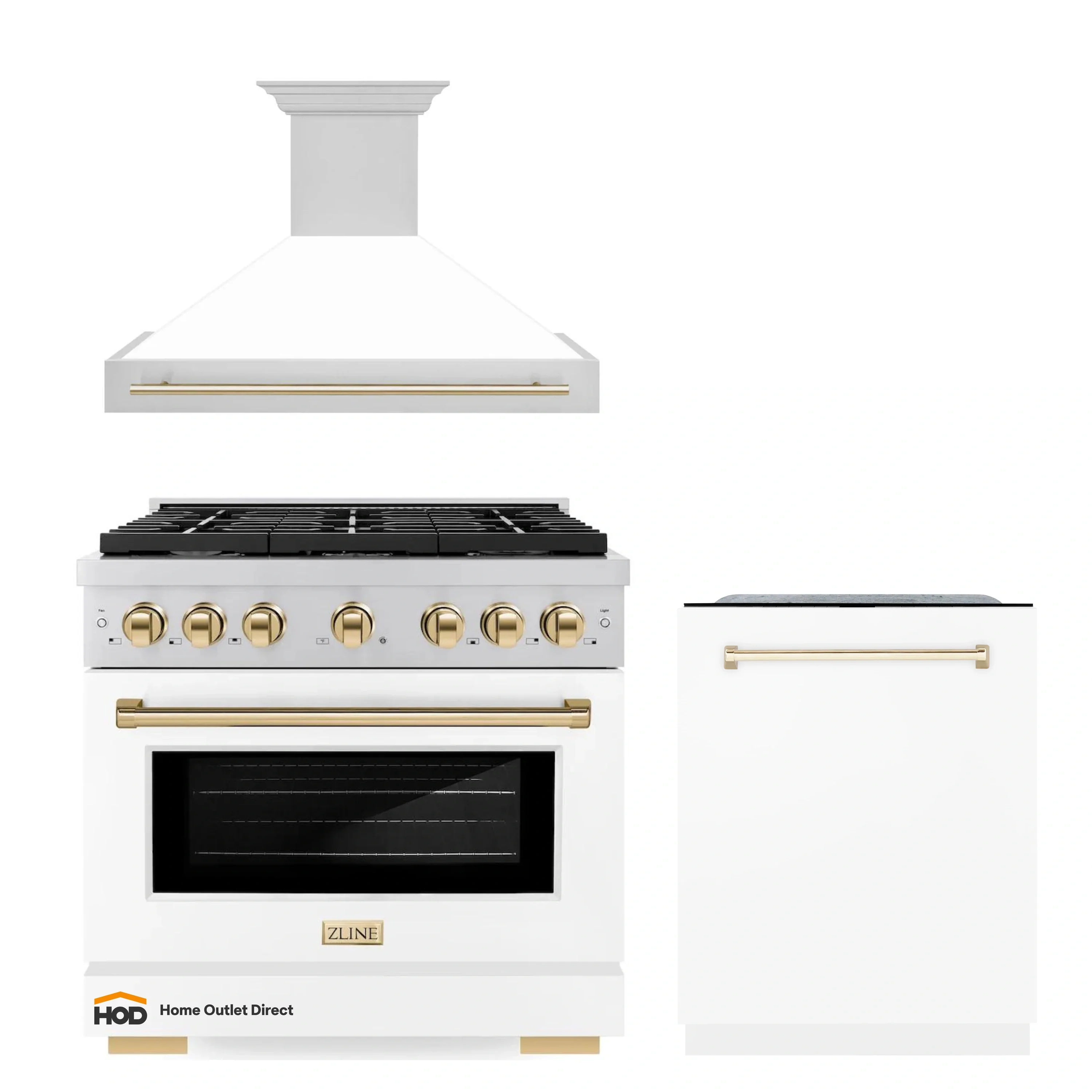 ZLINE Autograph Edition 3-Piece Appliance Package - 36-Inch Gas Range, Wall Mounted Range Hood, & 24-Inch Tall Tub Dishwasher in Stainless Steel and White Door with Gold Trim (3AKP-SGRWMRHDWM36-G)