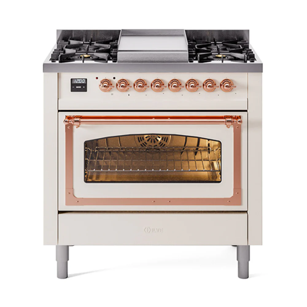 ILVE Nostalgie II Noblesse 36-Inch Dual Fuel Range and Triple Glass Door in Antique White with Copper Trim (UN36FNMPAWP)