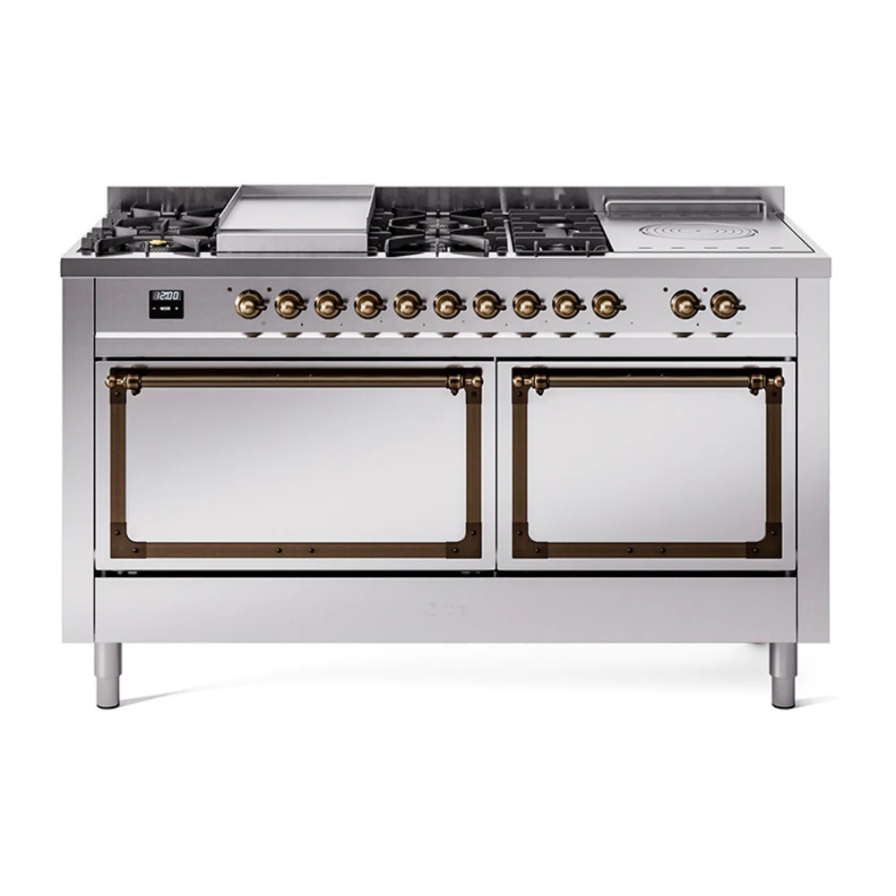 ILVE 60-Inch Nostalgie II Noblesse Dual Fuel Range with 7 Sealed Burners, Griddle, French Top, and Solid Door Oven in Stainless Steel with Bronze Trim (UN60FSQNMPSSB)