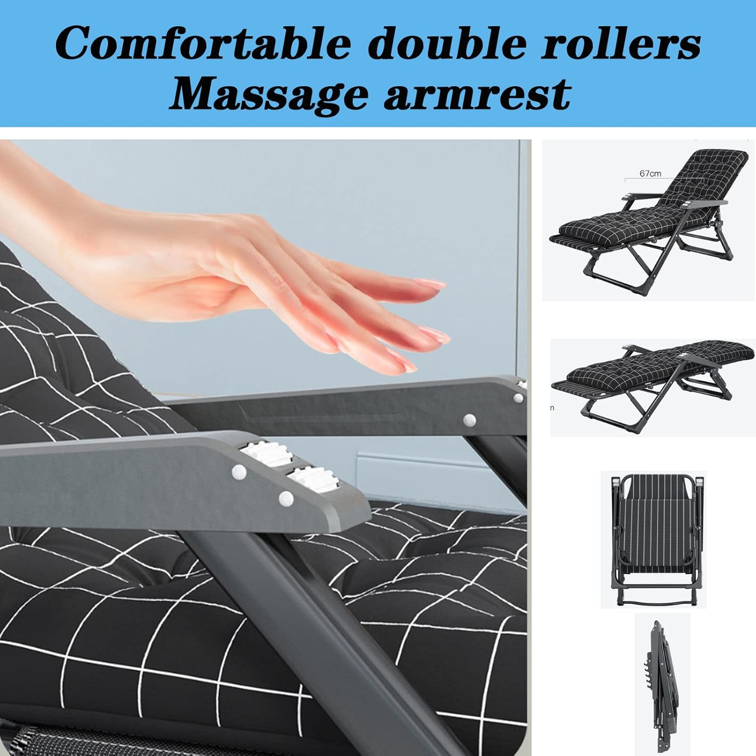 Padded Chair Adjustable Folding Reclining Patio Chair, Lounge Chair with Headrest Removable Pillow, Massage Armrest, Support 550lbs (Recliner+Blue Cushion