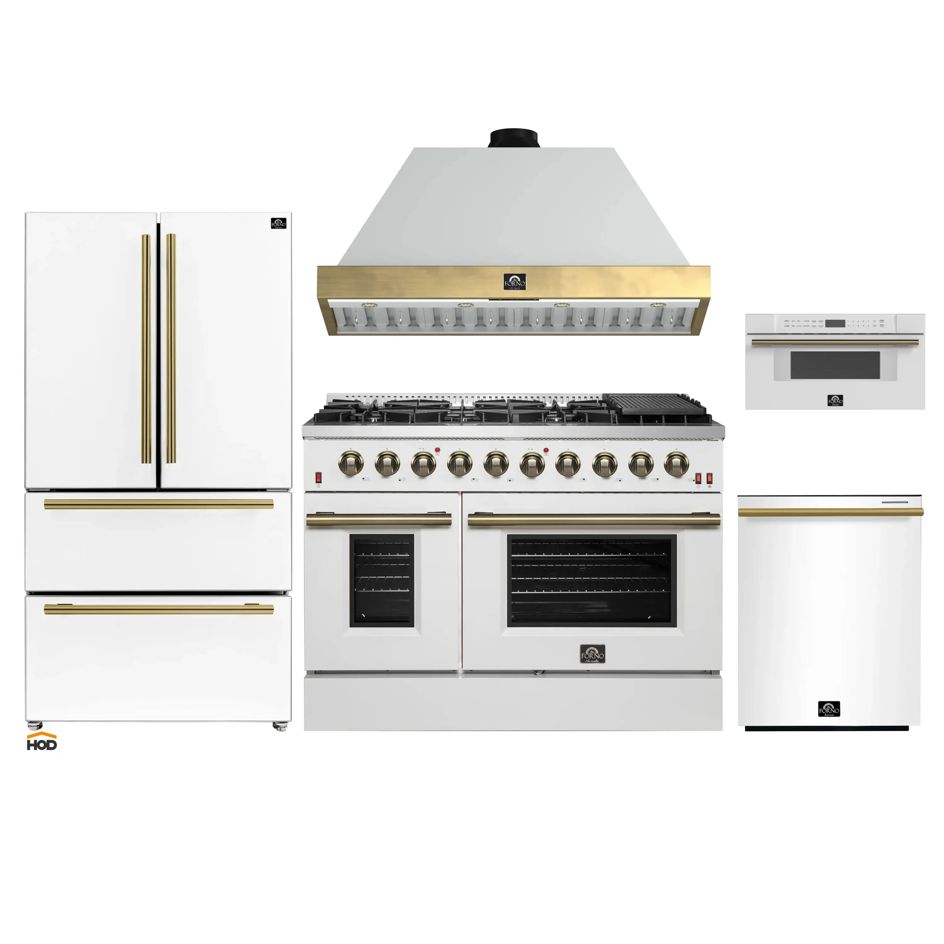 Forno Galiano 5-Piece Appliance Package - 48-Inch Gas Range, 48-Inch Hood, 36-Inch Refrigerator, 24-Inch Dishwasher, & 30-Inch Microwave Drawer in White with Antique Brass Trim
