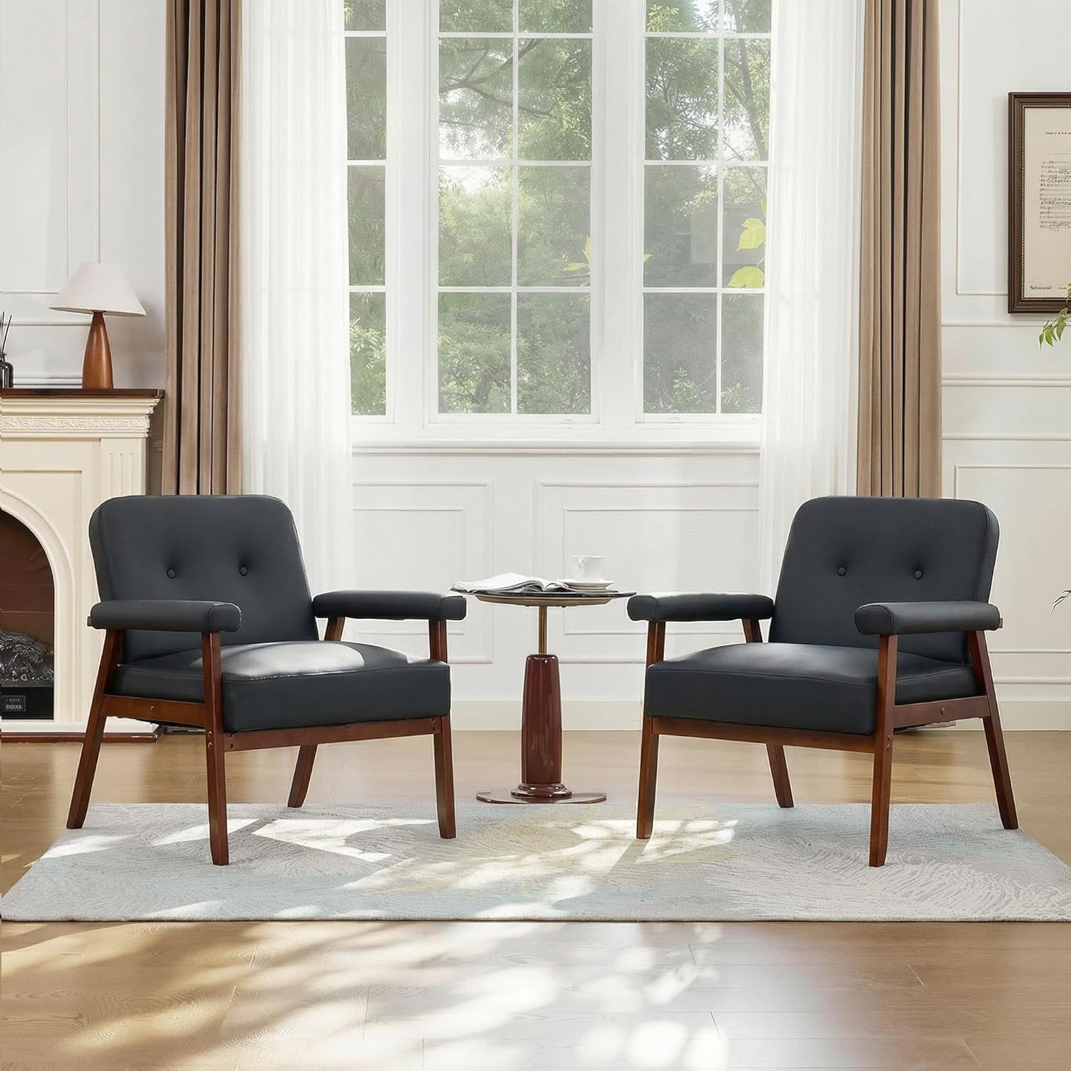 JIASTING Accent Chairs Set of 2, Black Leather Chairs with Solid Wood Frame, Tufted Small Mid-Century Modern Wooden Arm Chair, Comfy Office Reading Armchair for Living Room, Bedroom (2)