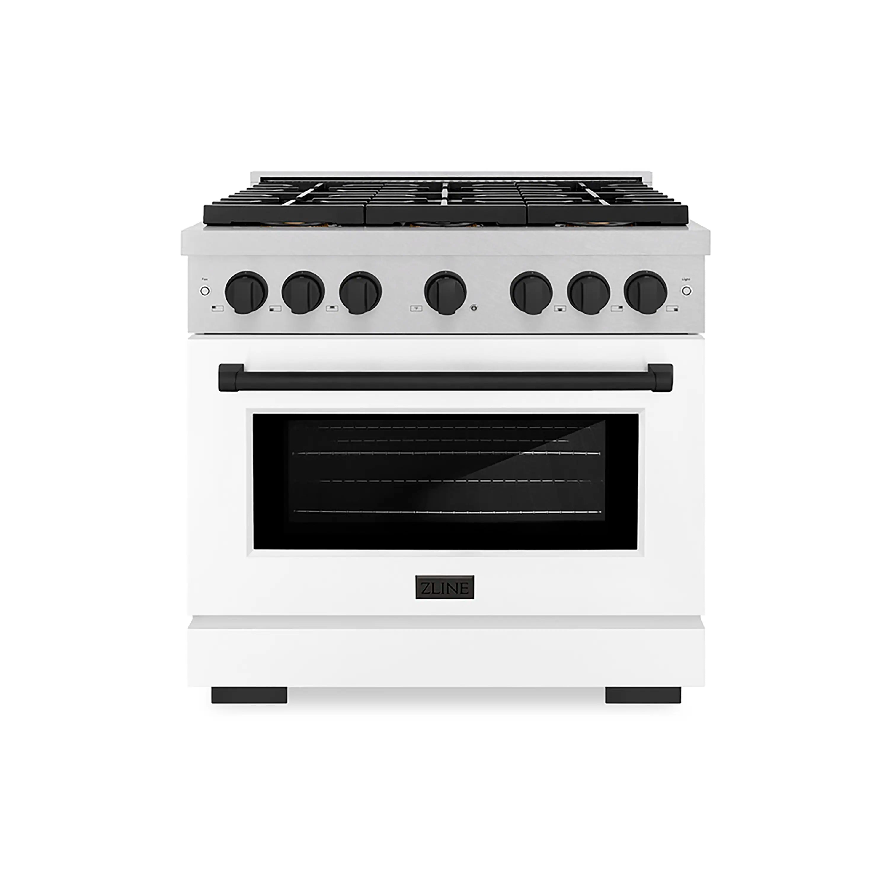 ZLINE Autograph Edition 36-Inch 5.2 cu. ft. Paramount Gas Range with 6 Burner DuoPro鈩?Cooktop and Convection Gas Oven in Satin Stainless Steel with White Matte Door and Matte Black Accents (PSGRSZ-WM-36-MB)
