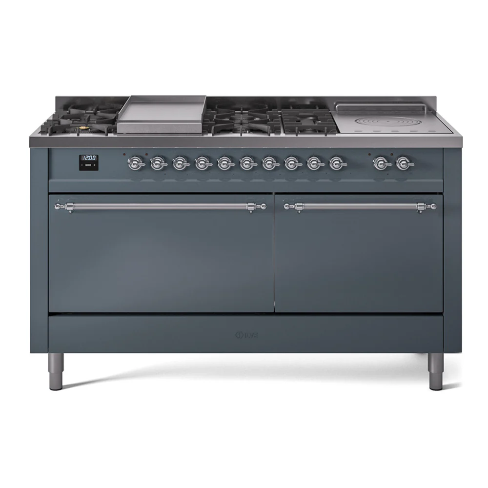 ILVE Nostalgie II 60-Inch Dual Fuel Range with 7 Burners, Griddle, & French Top with Solid Door Oven in Blue Grey with Chrome Trim (UP60FSQNMPBGC)