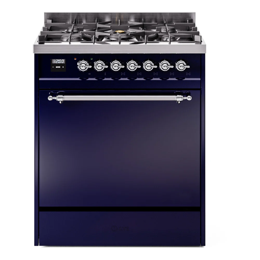 ILVE Nostalgie II 30-Inch Dual Fuel Range with Solid Door in Midnight Blue with Chrome Trim (UP30QNMPMBC)
