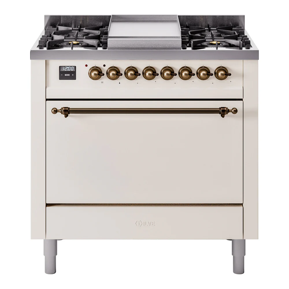 ILVE 36-Inch Nostalgie II Dual Fuel Range with 6 Burners and Solid Door Oven in Antique White with Bronze Trim (UP36FQNMPAWB)