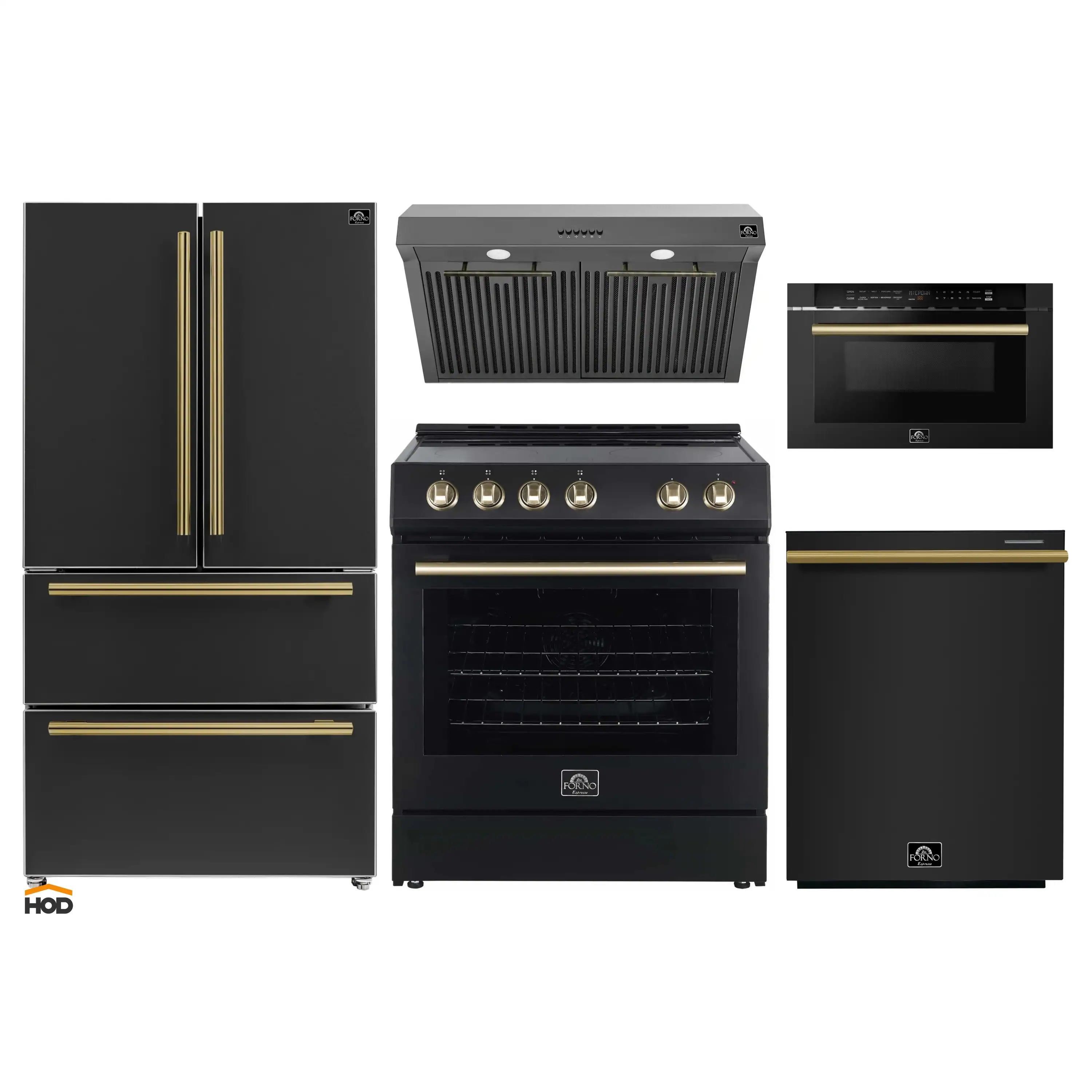 Forno 5-Piece Appliance Package - 30-Inch Electric Range, Under Cabinet Range Hood, French Door Refrigerator, Dishwasher , & Microwave Drawer in Black with Antique Brass Trim