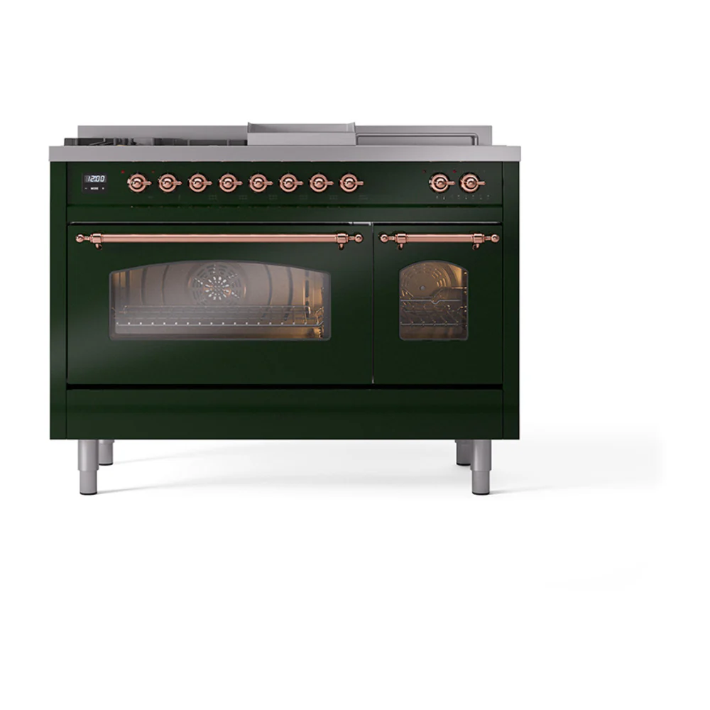 ILVE Nostalgie II 48-Inch Dual Fuel Range with 5 Burners, Griddle, & French Top with Triple Glass Door Oven in Emerald Green with Copper Trim (UP48FSNMPEGP)