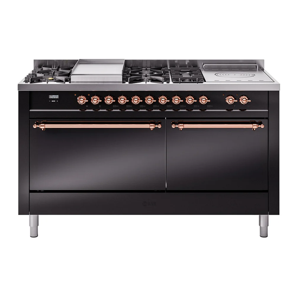 ILVE Nostalgie II 60-Inch Dual Fuel Range with 7 Burners, Griddle, & French Top with Solid Door Oven in Glossy Black with Copper Trim (UP60FSQNMPBKP)