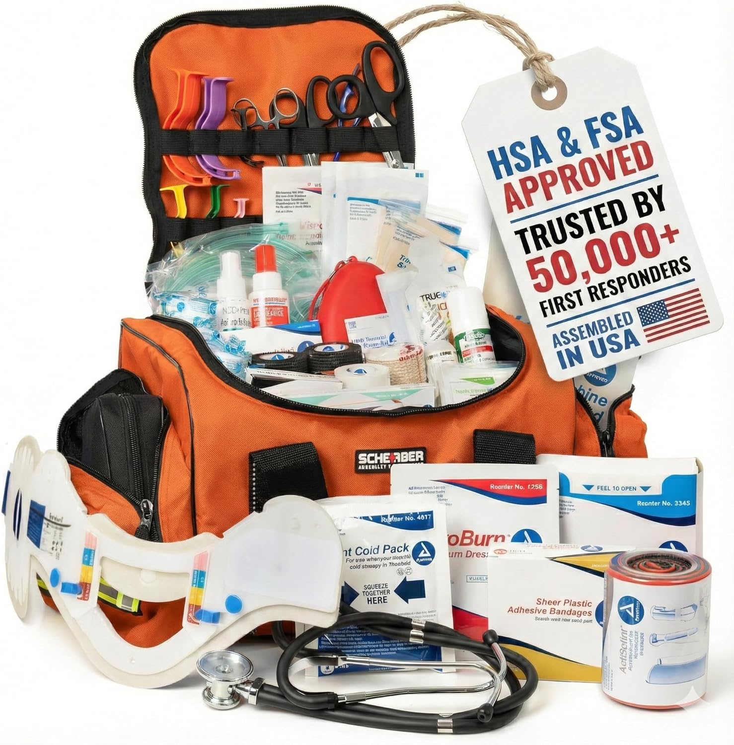 Scherber First Responder Fully-Stocked Large Professional Essentials EMT/EMS Trauma Kit | HSA/FSA Approved | Reflective Bag w/8 Zippered Pockets & Compartments & 250+ First Aid Supplies (Orange)