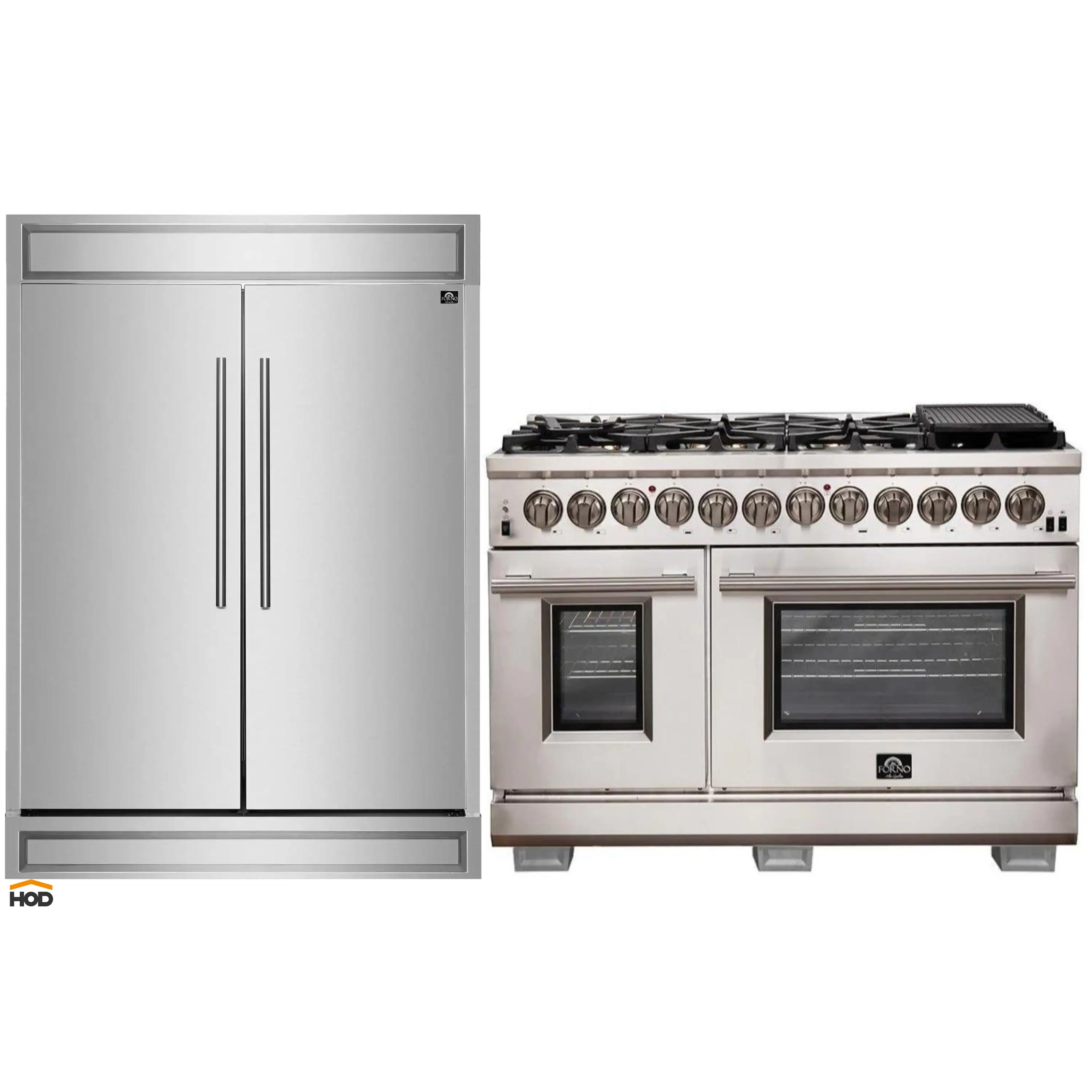 Forno 2-Piece Appliance Package - 48-Inch Dual Fuel Range and 60-Inch Built-In Refrigerator in Stainless Steel