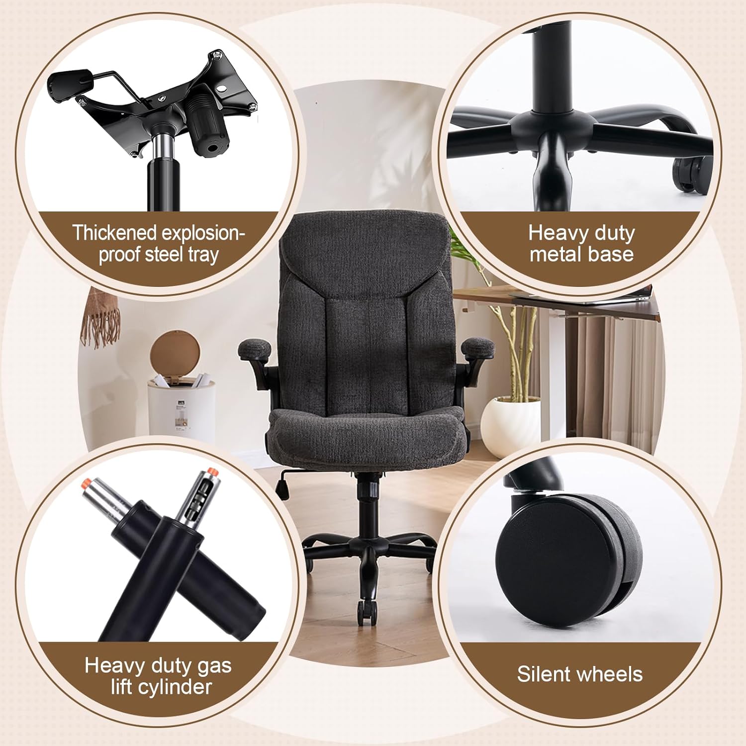 Cloth Office Chair Comfy Fabric Executive Chair, Ergonomic Computer Desk Chairs with Flip-up Armrests, Lumbar Support, 360° Swivel for Home Office, Work, Study, Small Gaming Chair with Wheels | Grey