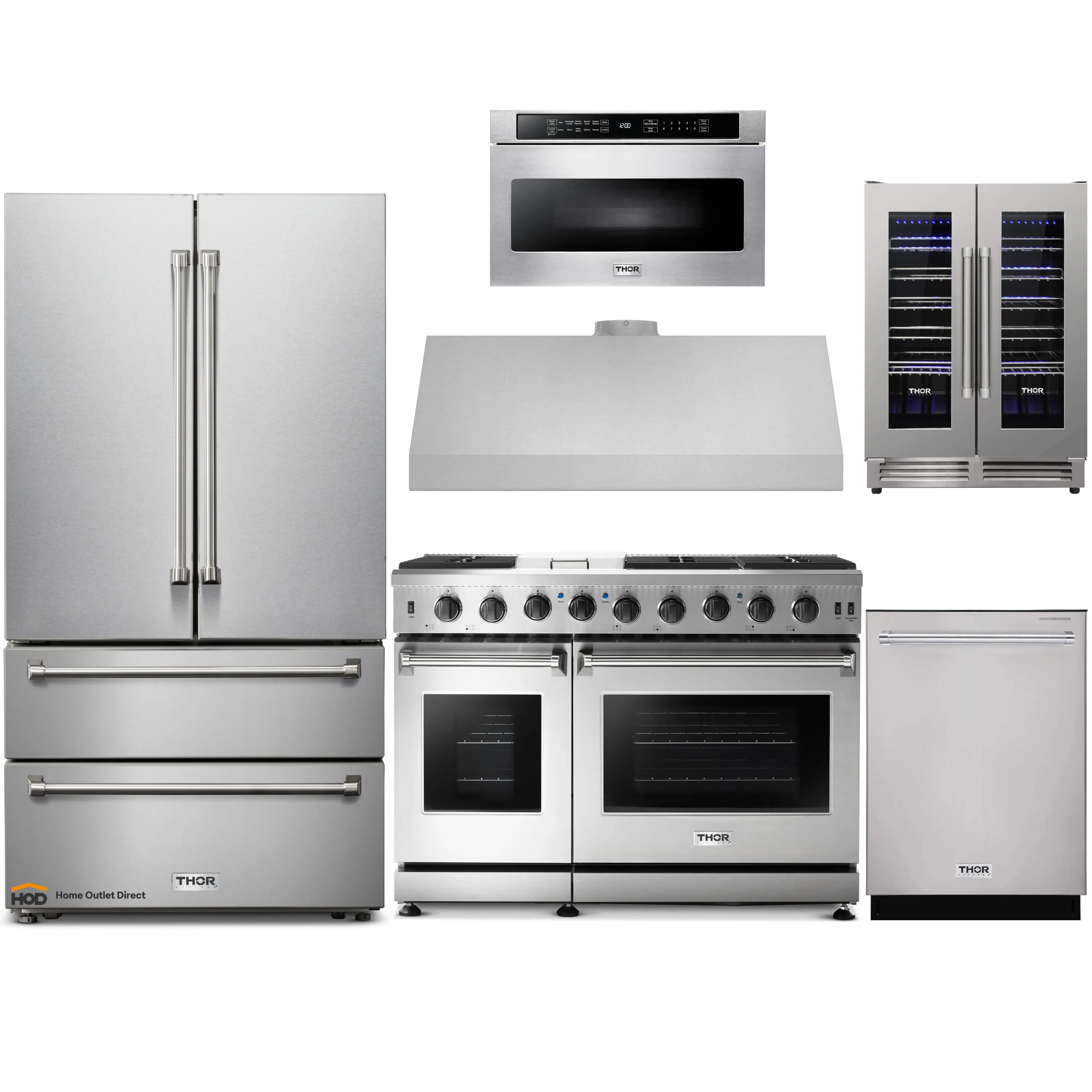 Thor Kitchen 6-Piece Appliance Package - 48-Inch Gas Range, French Door Refrigerator, Under Cabinet 11-Inch Hood, Dishwasher, Microwave Drawer, and Wine Cooler in Stainless Steel