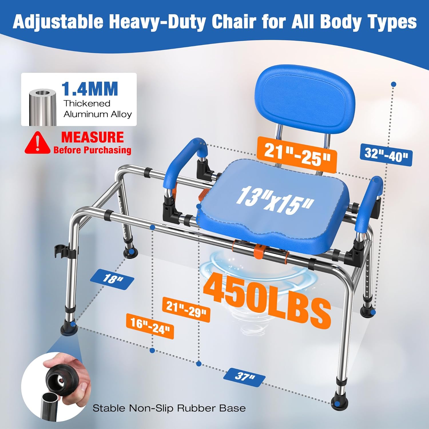 Sliding Shower Chair with Wide 360° Swivel Seat, 450lbs Tub Transfer Bench for Bathtub, Adjustable Height and Arms Width Shower Seat for Inside Shower, Shower Chair for Elderly and Disabled