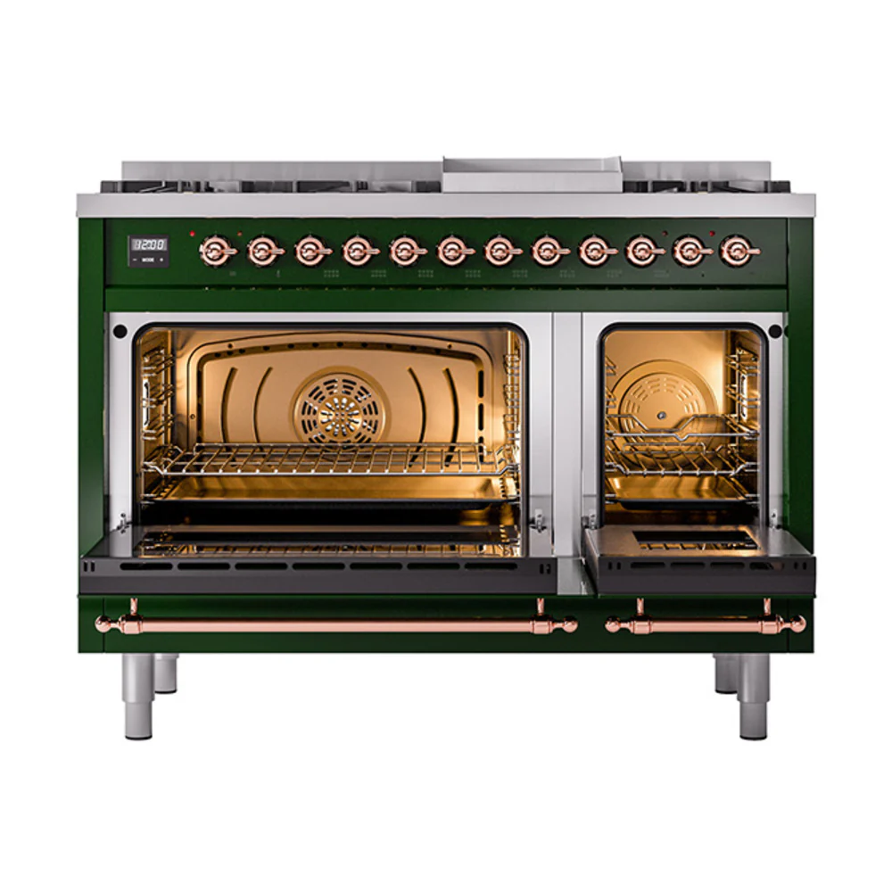 ILVE Nostalgie II Noblesse 48-Inch Dual Fuel Freestanding Range with Solid Door Oven in Emerald Green with Copper Trim (UN48FQNMPEGP)