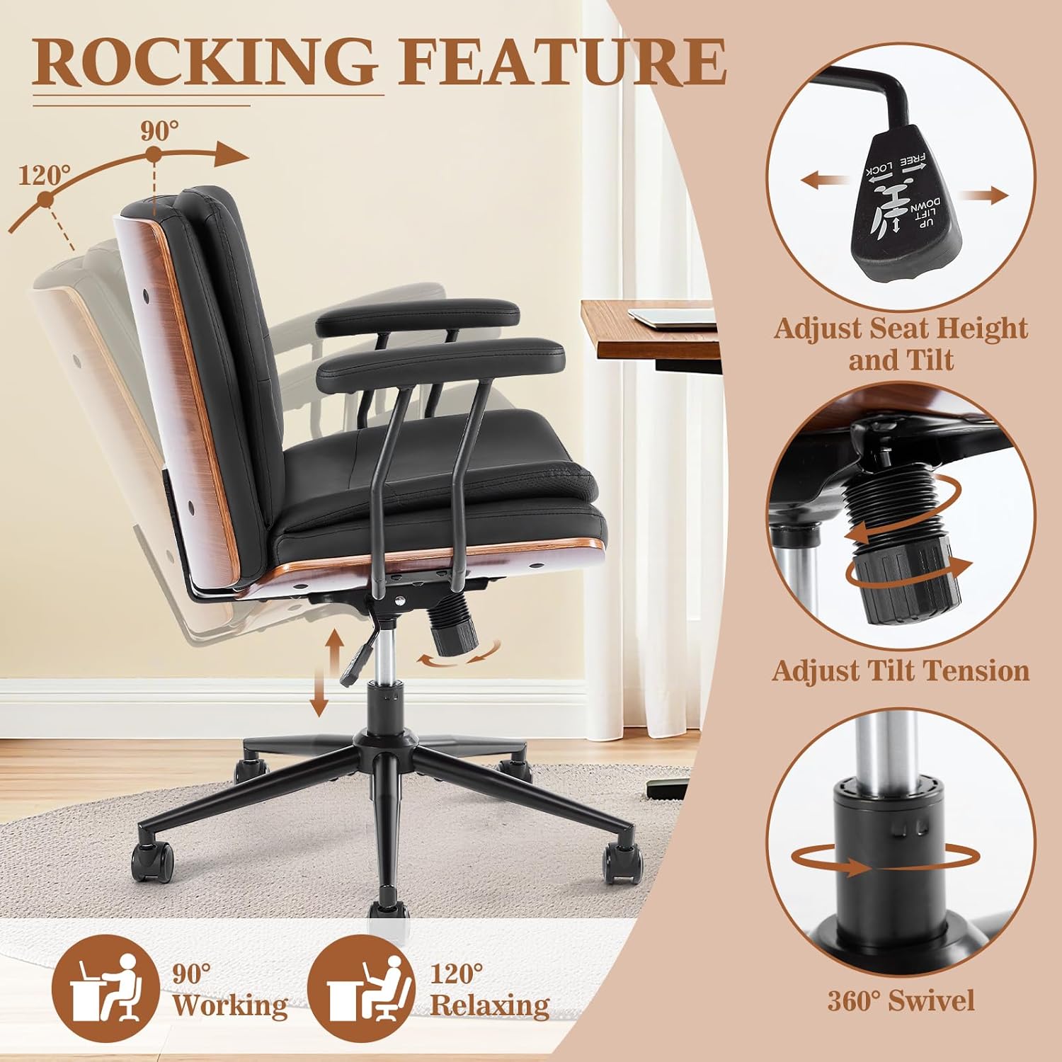 Home Office Desk Chair with Armrests & Wheels, Modern Walnut Swivel Rolling Executive Task Chair, PU Leather Vanity Chair with Lumbar Support, Height Adjustable Ergonomic Computer Chair (Black)