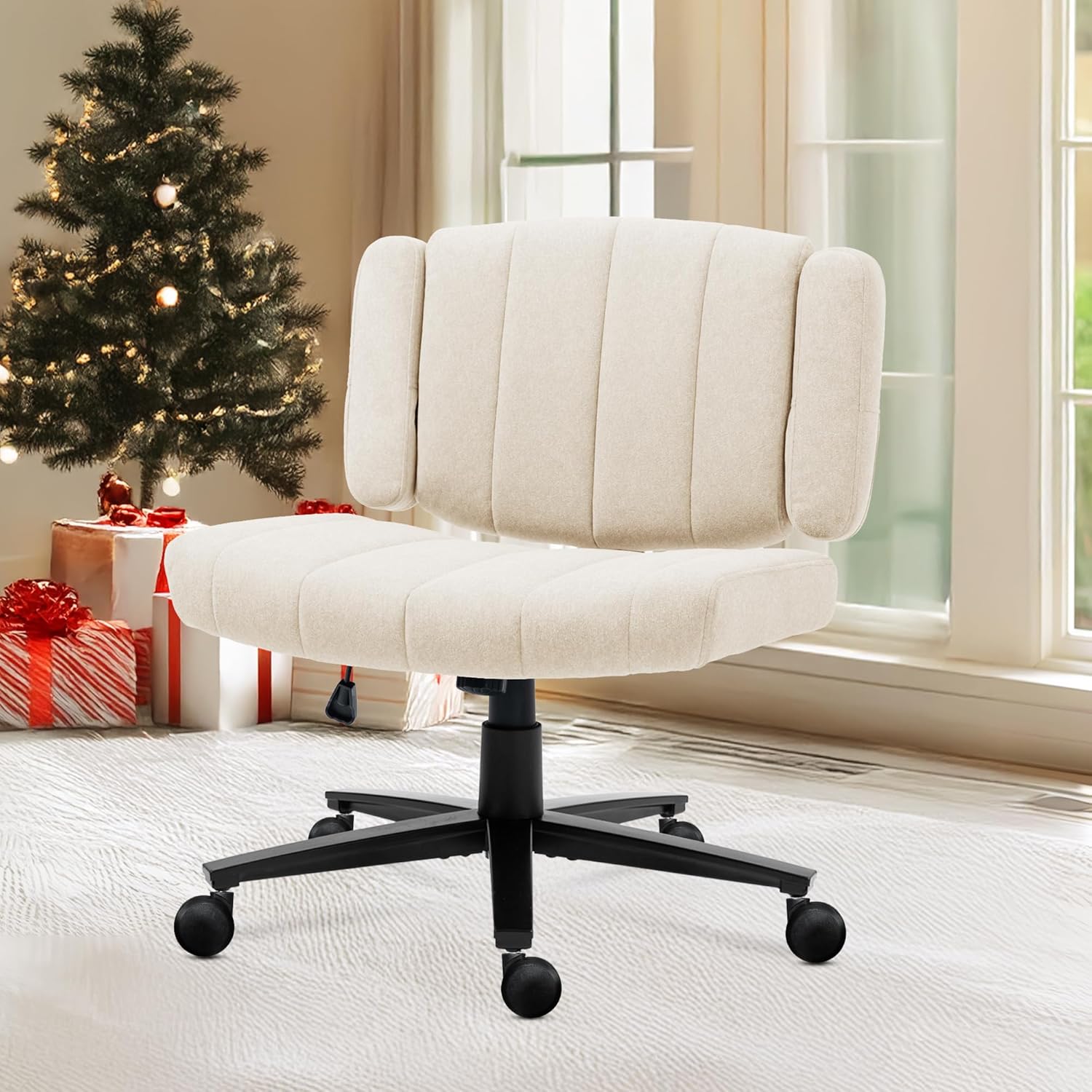 White Criss Cross Office Chair with Wheels, Ergonomic Wide Seat Vanity & Dressing Table Chair, Adjustable Arms Swivel Rolling Desk Chair for Women, Comfortable Cross-Legged Support