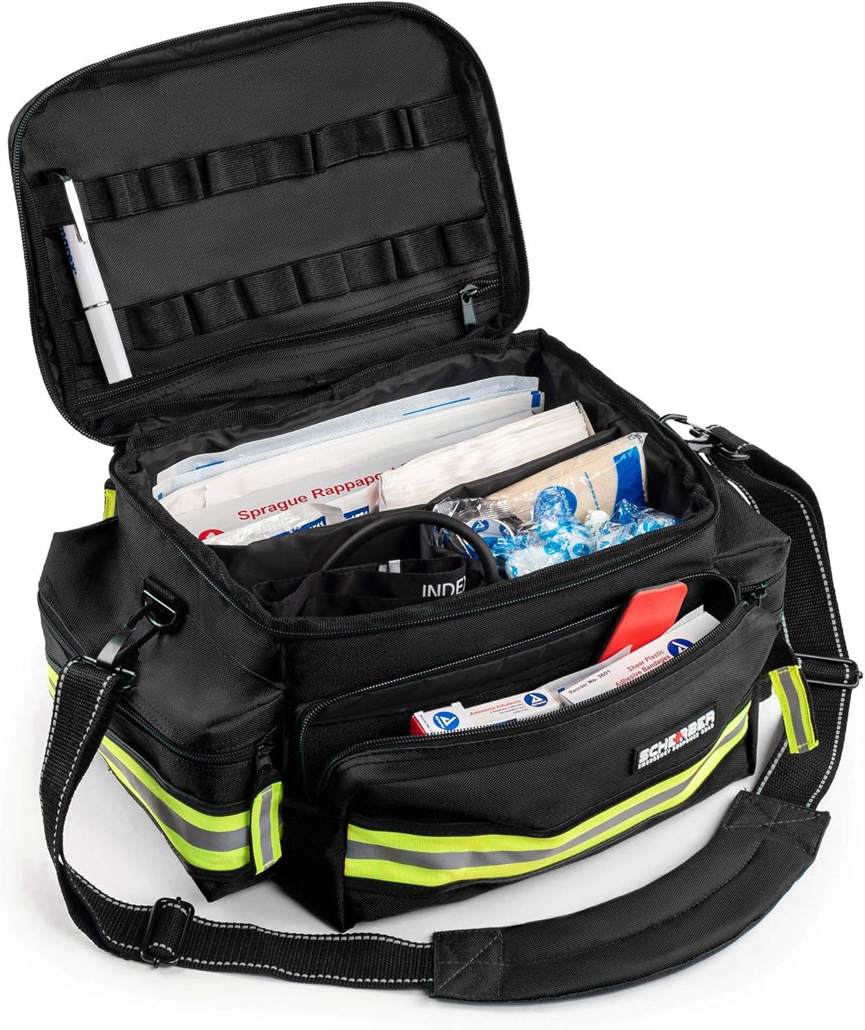 Scherber First Responder Fully-Stocked Professional Essentials EMT/EMS Trauma Kit | HSA/FSA Approved | Reflective Bag w/8 Zippered Pockets & Compartments & 200+ First Aid Supplies - Black
