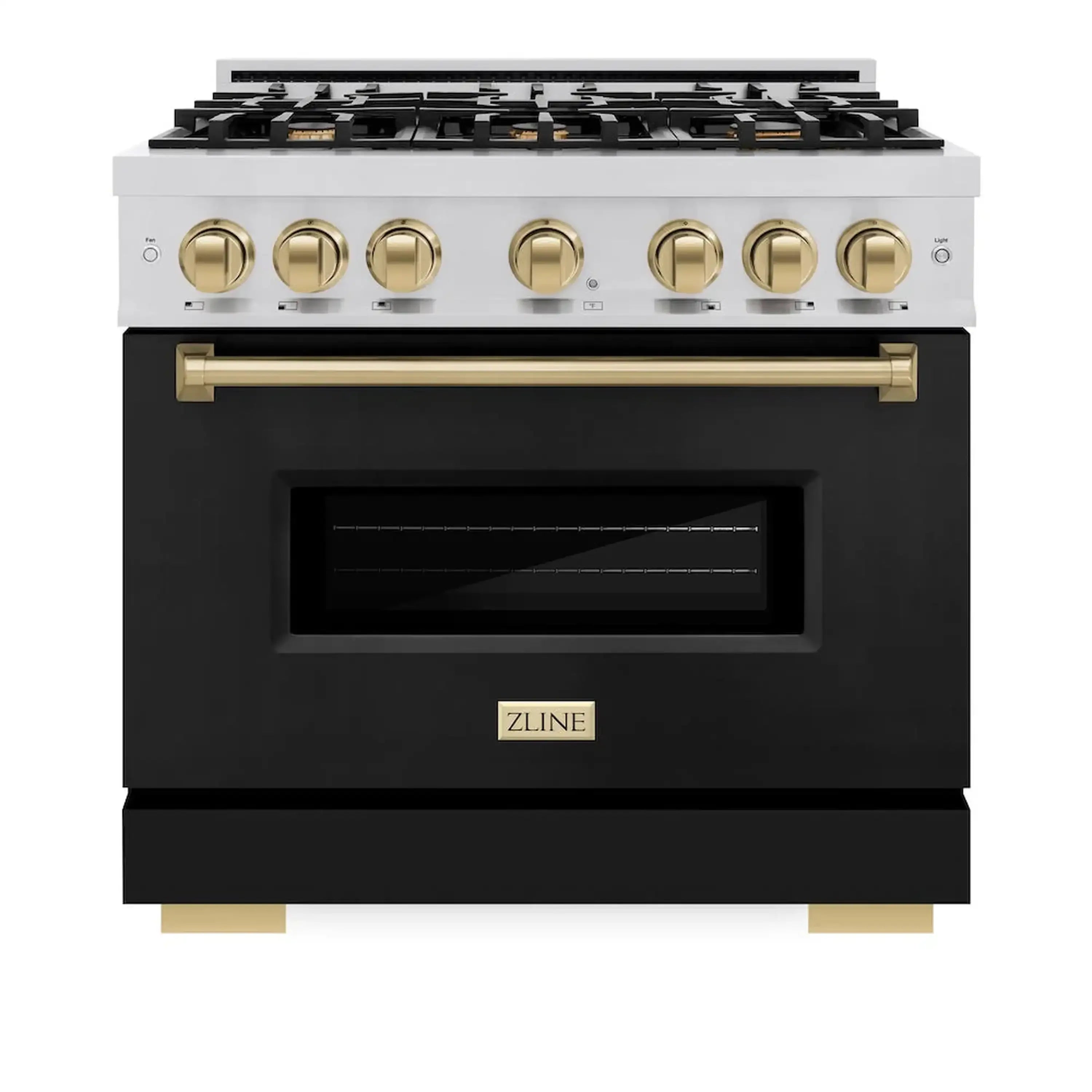 ZLINE Autograph Edition 36-Inch Classic Series Dual Fuel Range with 6 Gas Burner Cooktop and 5.2 Cu. Ft. Electric Convection Oven in Stainless Steel with Black Matte Door and Champagne Bronze Accents (CDRZ-BLM-36-CB)