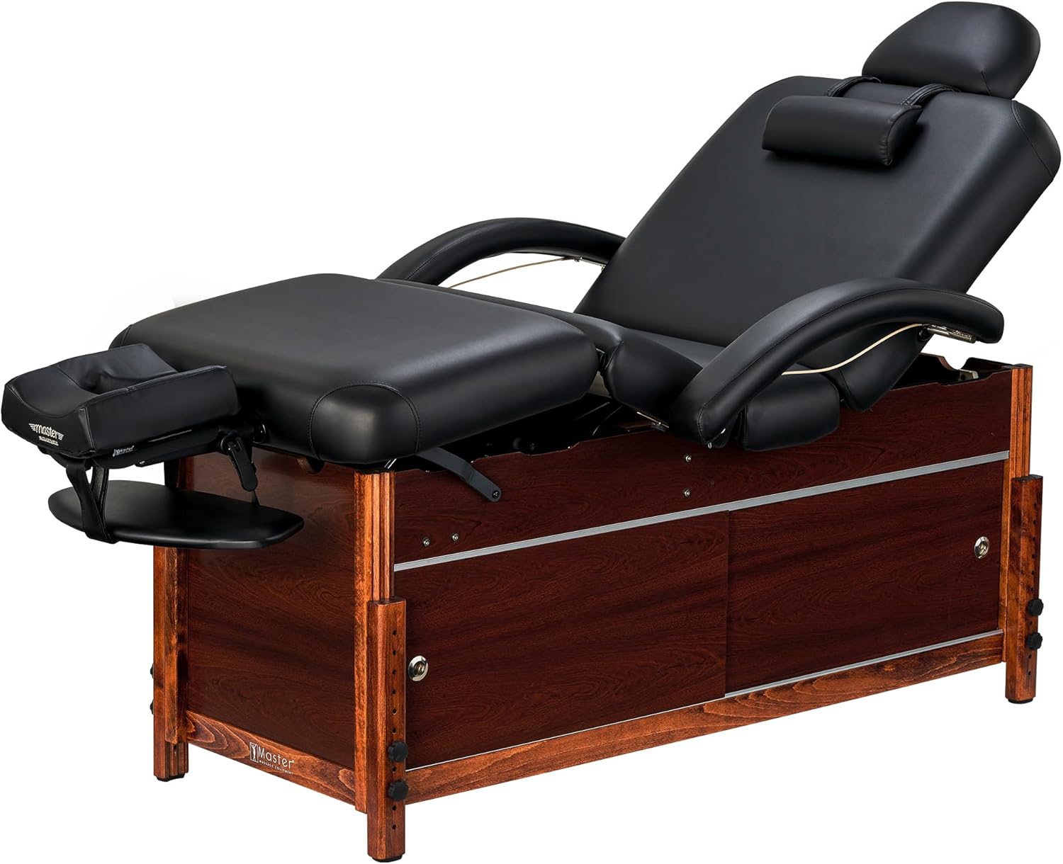 Master Massage Cabrillo Stationary Massage Table - Facial Beauty Lash Bed - 4 Section Salon Spa Bed with Storage Cabinet - Pneumatic Tilting Backrest and Leg Rest, Black with Walnut Legs, 30 Inch