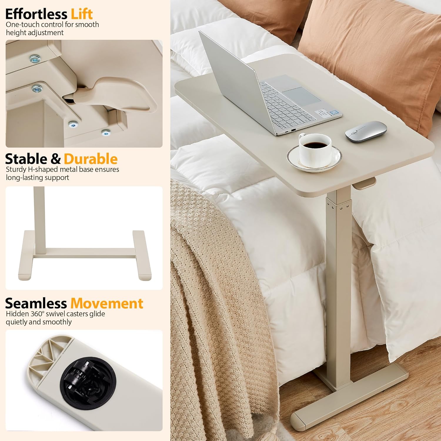 Overbed Table with Hidden Wheels, Height Adjustable Medical Bed Table Hospital Bedside Table, 28