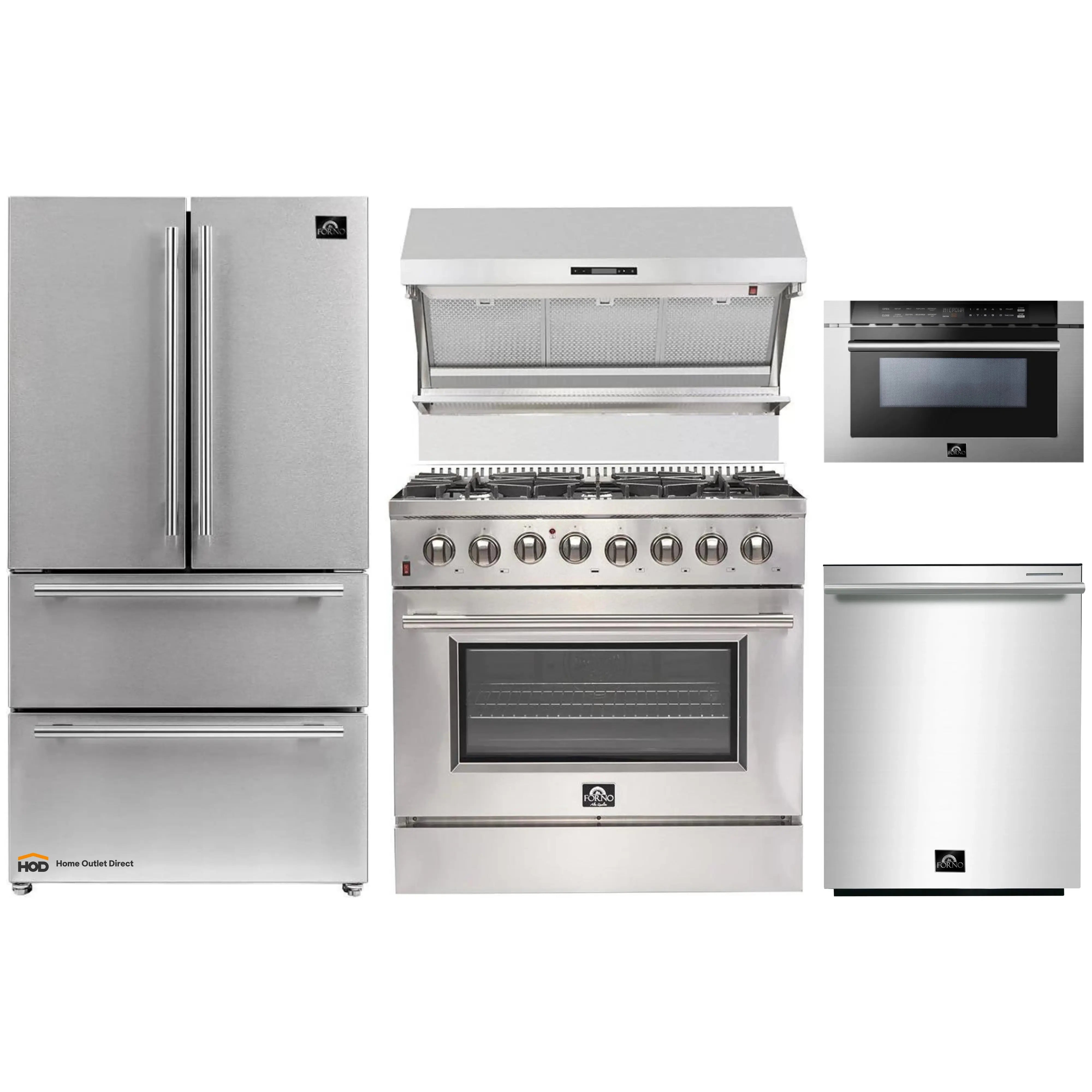 Forno 5-Piece Appliance Package - 36-Inch Dual Fuel Range, Refrigerator, Wall Mount Hood with Backsplash, 24-Inch Microwave Drawer, & 3-Rack Dishwasher in Stainless Steel