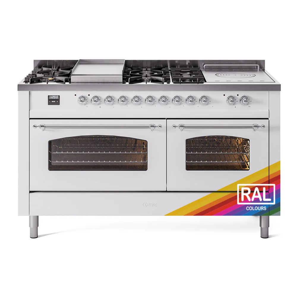 ILVE Nostalgie II 60-Inch Dual Fuel Range with 7 Burners, Griddle, & French Top with Triple Glass Door Oven in Custom RAL with Chrome Trim (UP60FSNMPRAC)