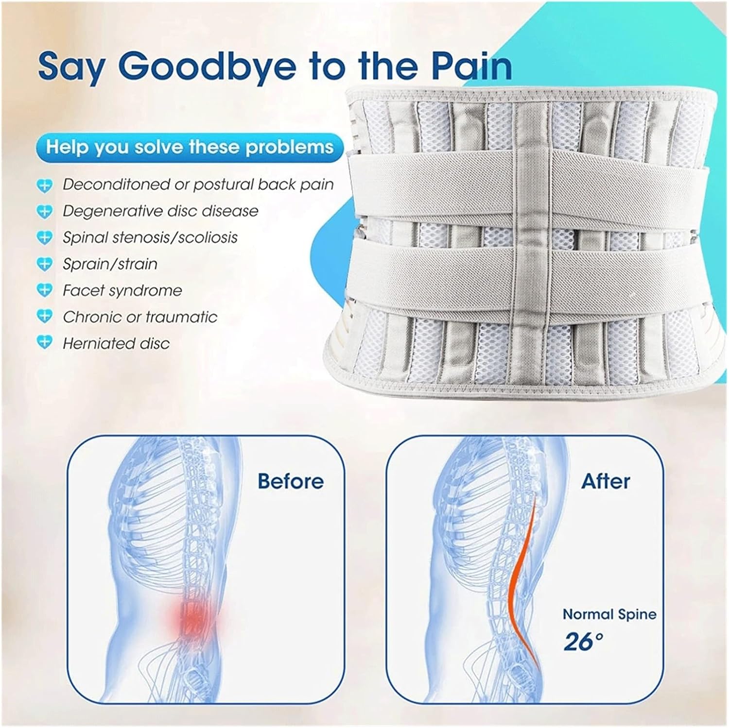 Back Brace for Men Women Lower Back with 6 Stays, Adjustable Back Support Belt for Work, Anti-Skid Lumbar Support(Small)