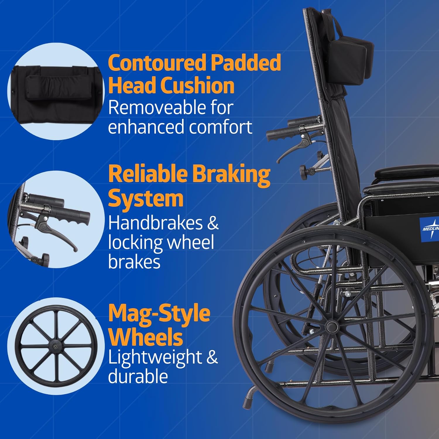 Medline Reclining Wheelchair, Desk-Length Arms and Elevating Leg Rests, 20