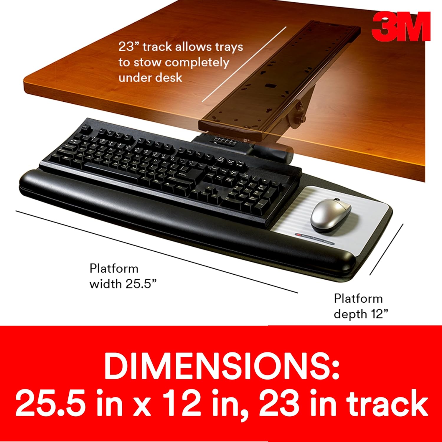 3M Keyboard Tray, Just Lift To Adjust Height And Tilt, Sturdy Tray Includes Gel Wrist Rest And Precise Mouse Pad, Swivels Side To Side And Stores Under Desk, 23