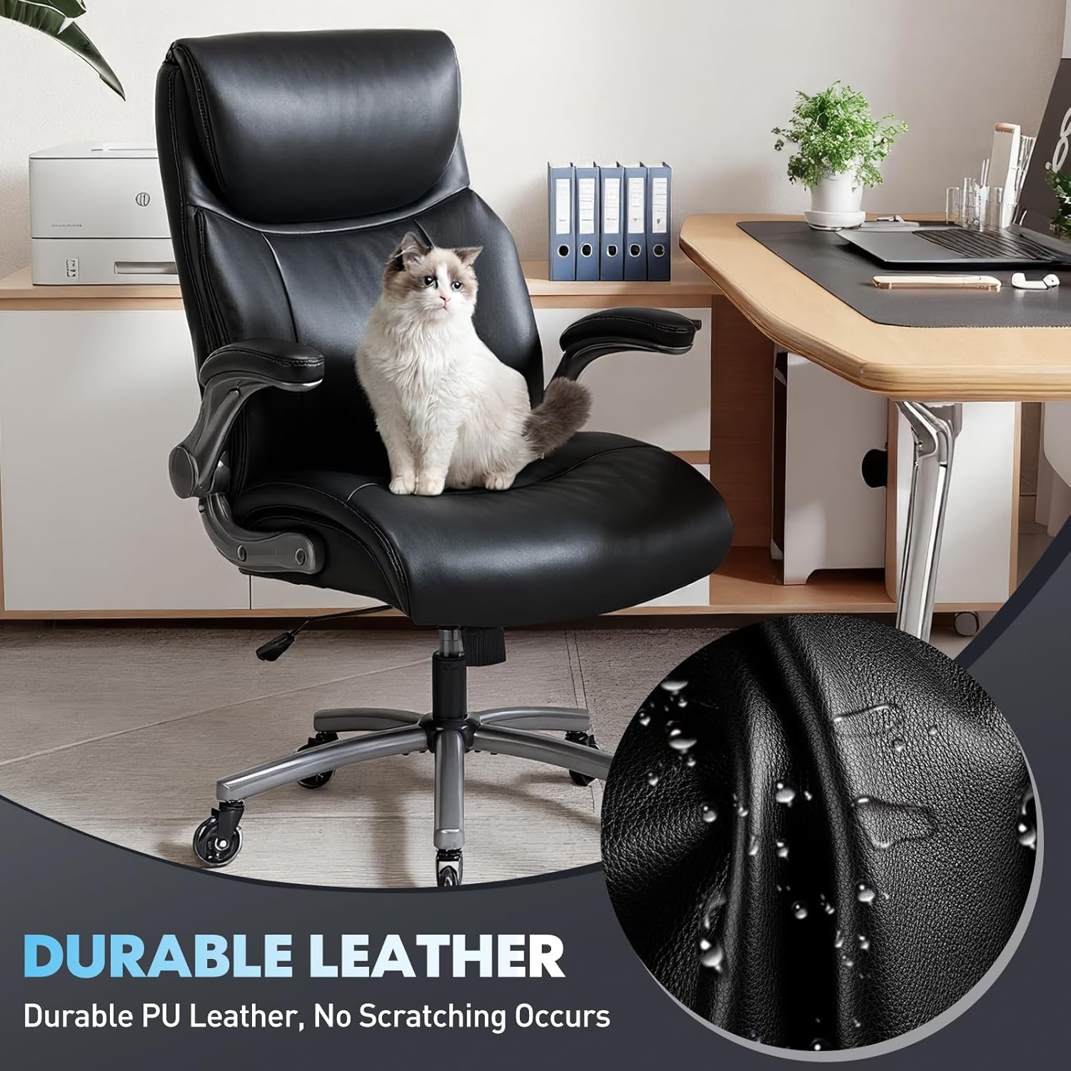 Ergonomic High-Back Executive Office Chairs, Heavy Duty Home Computer Chair with Lumbar Support, Flip-Up Arms, and PU Leather Upholstery, Black