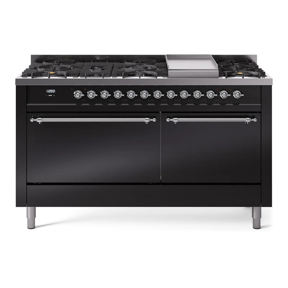 ILVE 60-Inch Nostalgie II Dual Fuel Range with 9 Burners, Griddle and Solid Door Oven in Glossy Black with Chrome Trim (UP60FQNMPBKC)