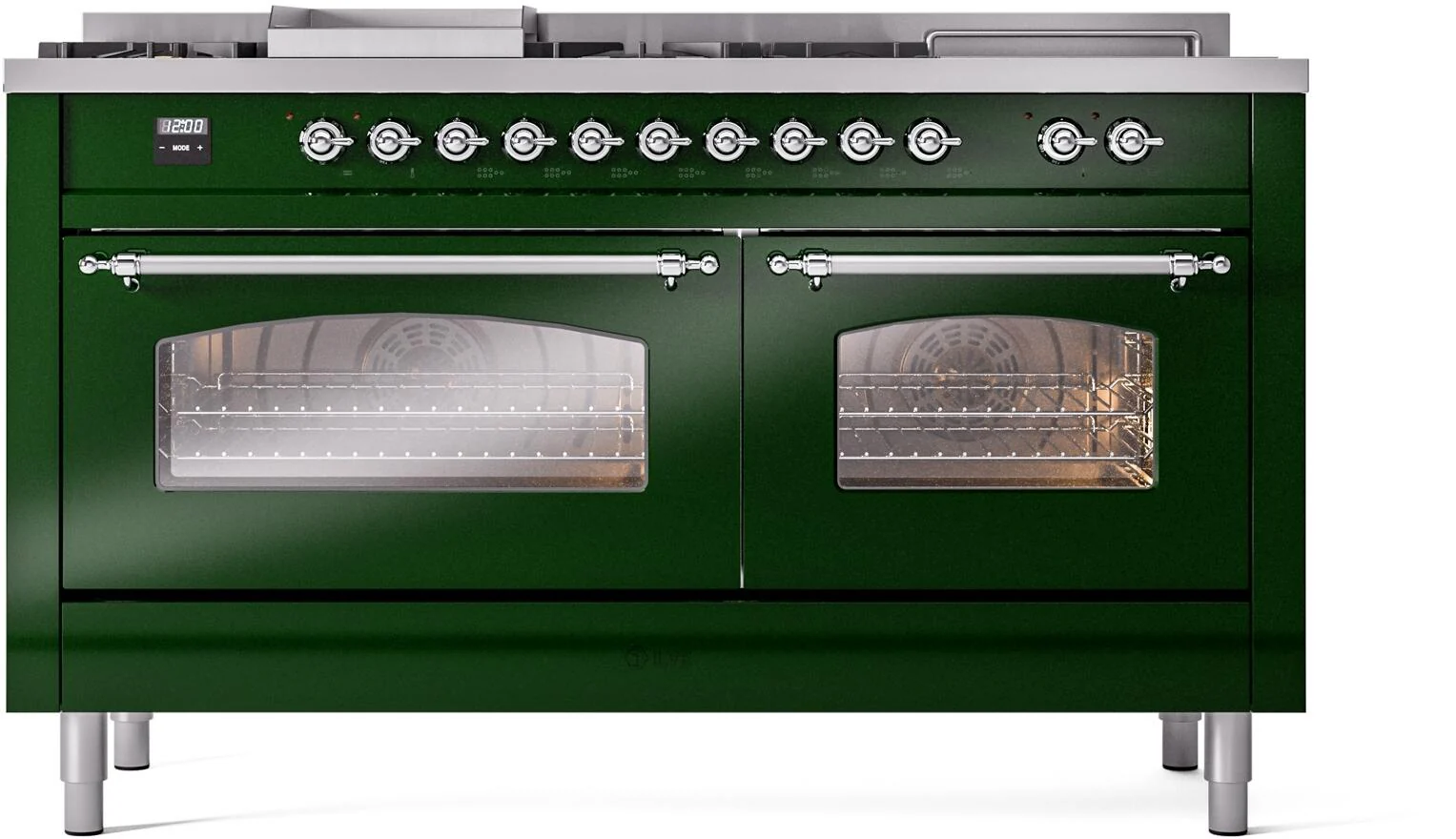 ILVE Nostalgie II 60-Inch Dual Fuel Range with 7 Burners, Griddle, & French Top with Triple Glass Door Oven in Emerald Green with Chrome Trim (UP60FSNMPEGC)