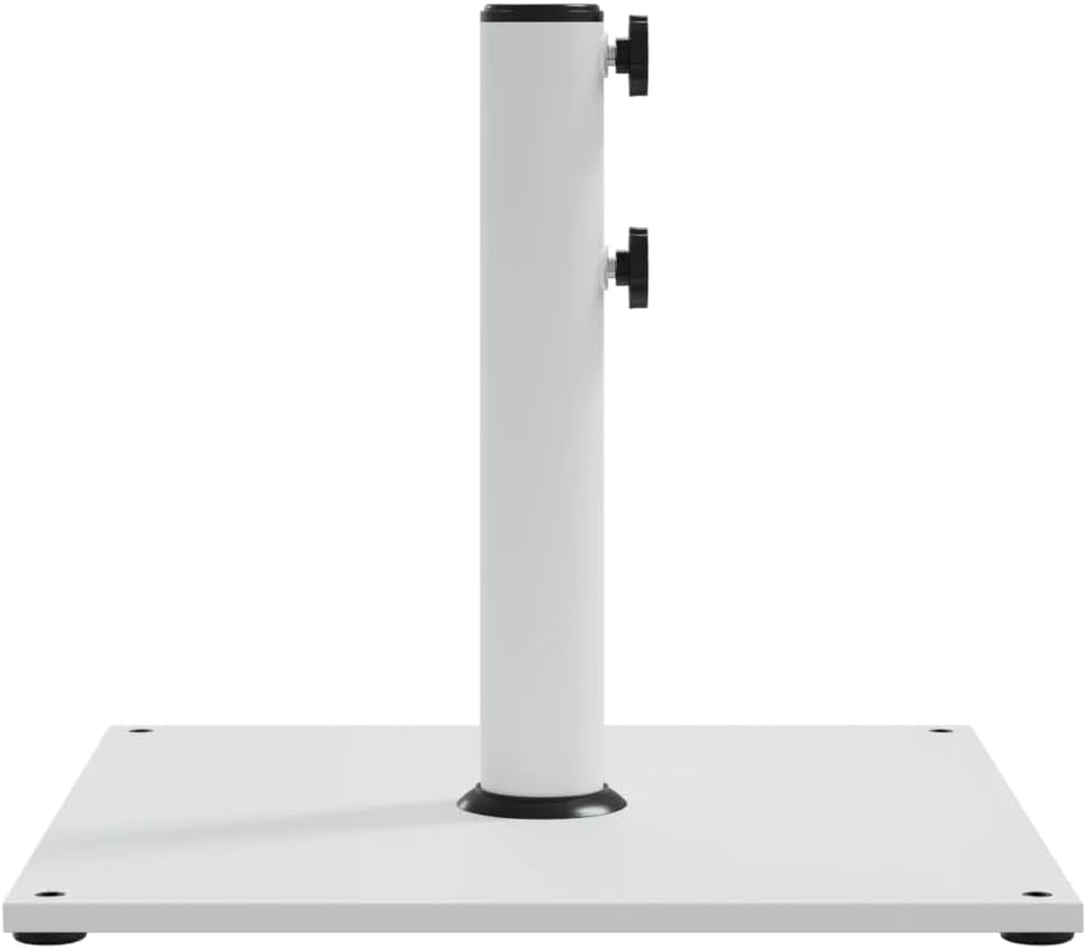 White Steel Parasol Base with Adjustable Armrests and Pole Adapters for Outdoor Umbrella Support, Medium Square Design for Patio, Garden, and Balcony Stability