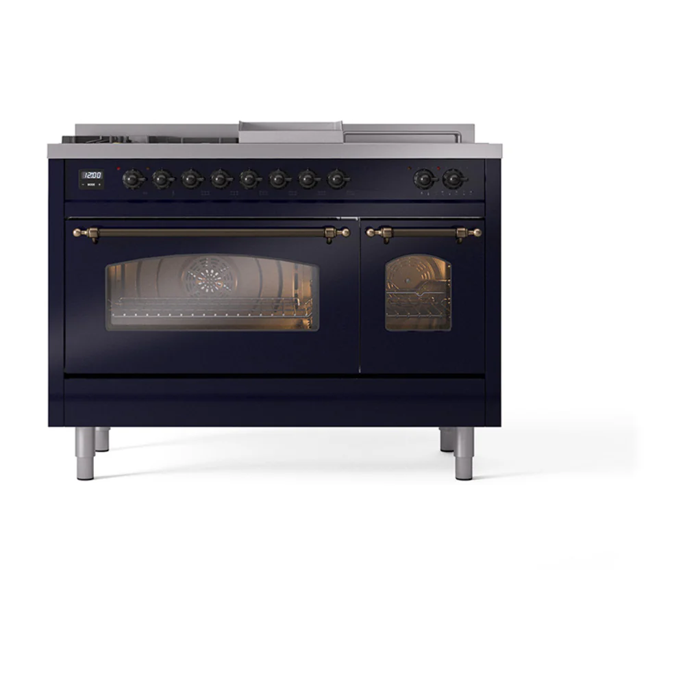 ILVE Nostalgie II 48-Inch Dual Fuel Range with 5 Burners, Griddle, & French Top with Triple Glass Door Oven in Midnight Blue with Bronze Trim (UP48FSNMPMBB)