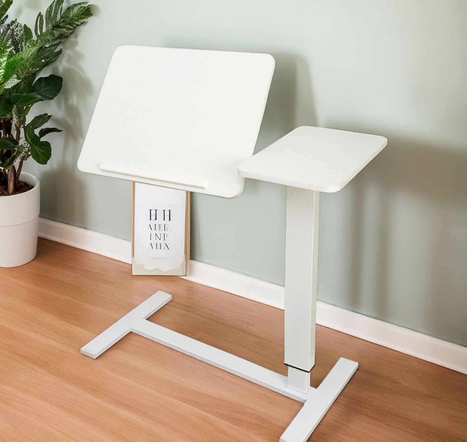 Portable Overbed Rolling Desk, Height Adjustable Mobile Standing Table, Foldable 31 Inch Small Laptop Bedside Desk with Tiltable Desktop, Hidden Wheels, Tray Table for Bed Sofa Side, White